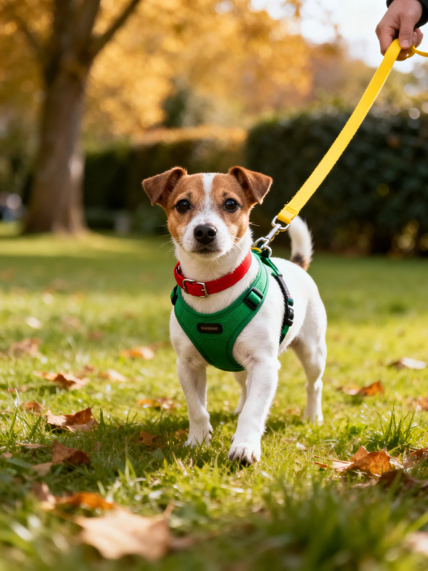 A small dog on a yellow leash explores a sunlit autumn park