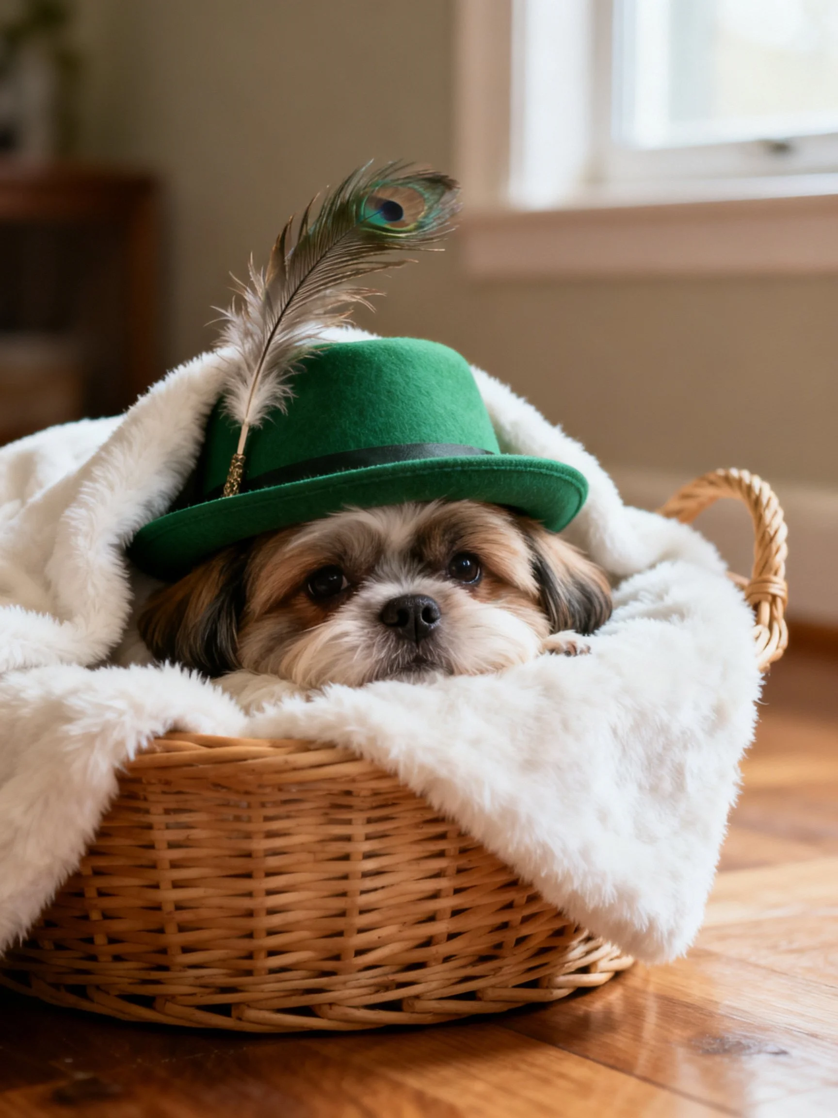 A small dog rests in a wicker basket wearing a green hat with a peacock feather.