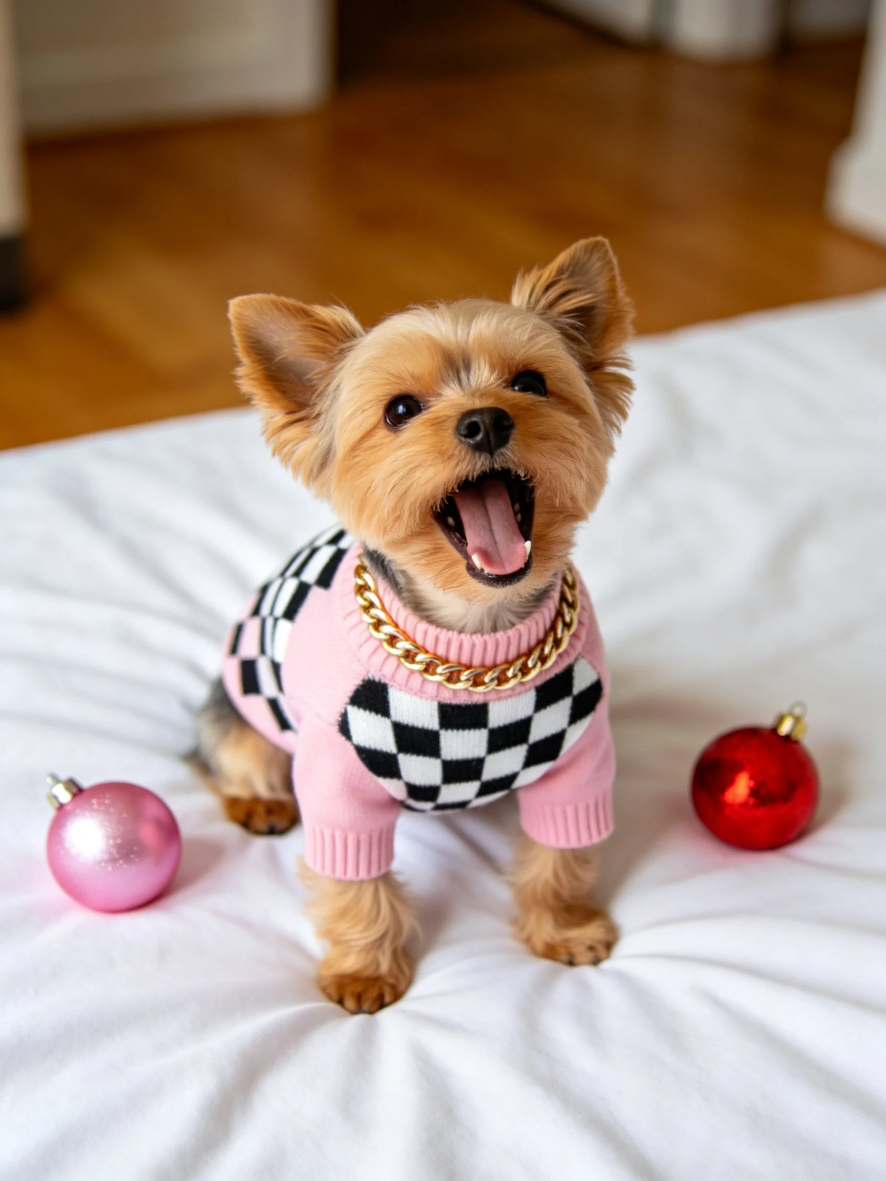 A small dog in festive clothing sits among holiday ornaments on a white bed.