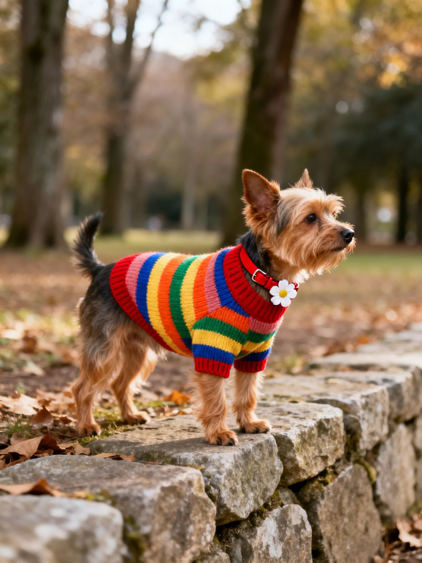 A small dog in a colorful sweater stands near a stone wall outdoors.