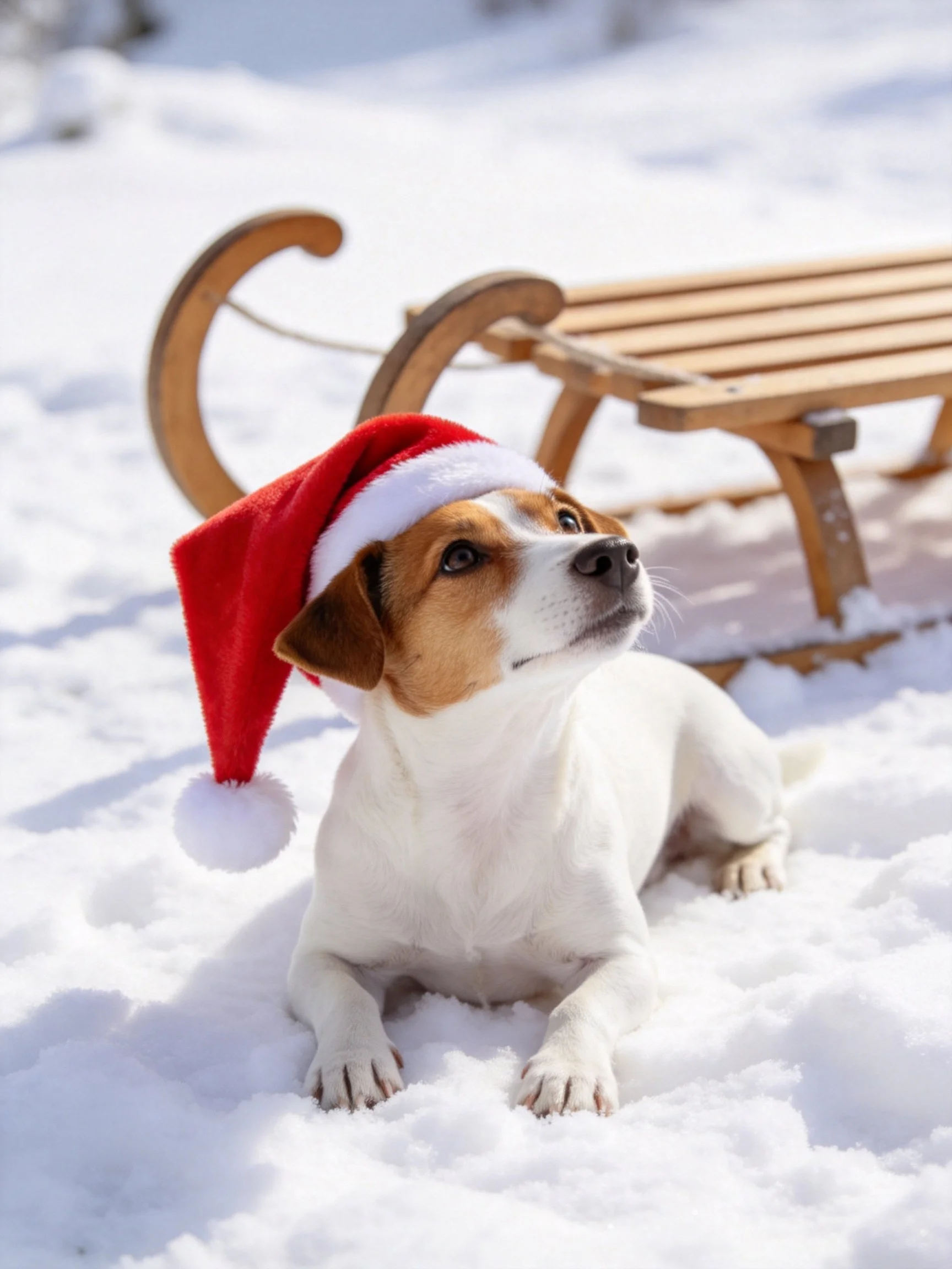 A small dog in a red Santa hat lies on snowy ground near a wooden sled.
