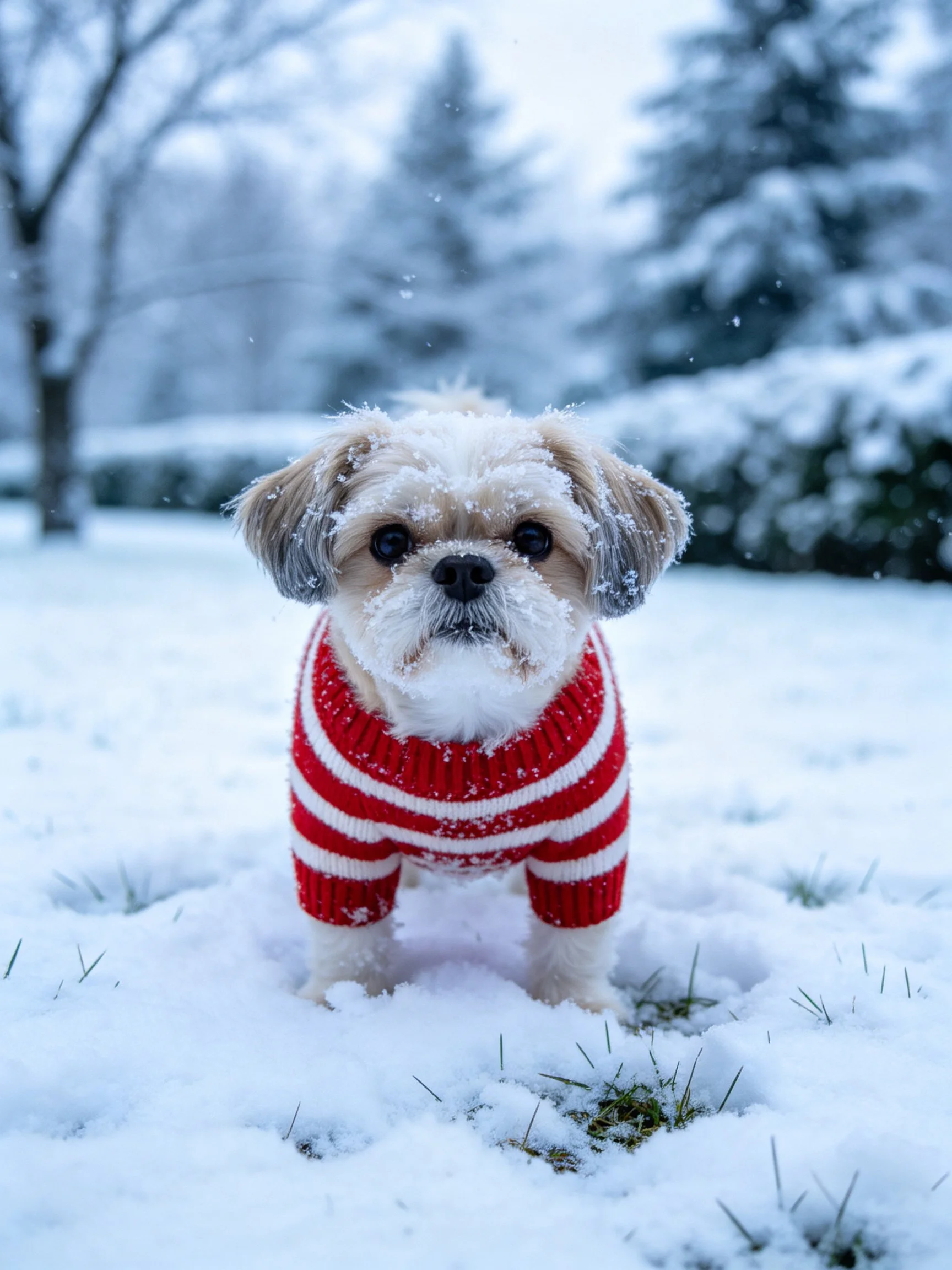 A small dog wearing a red striped sweater stands in a snowy outdoor area