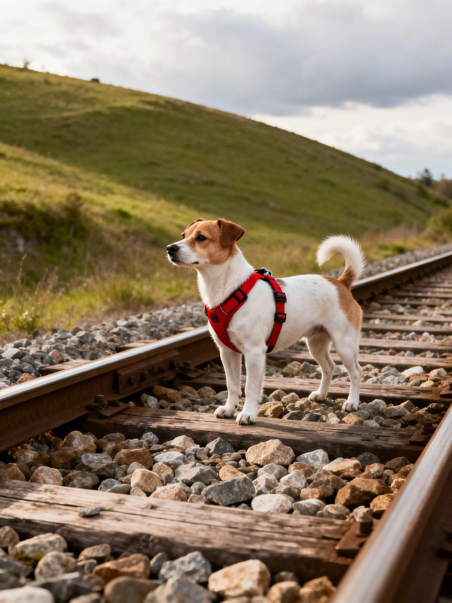 A small dog wearing a red harness stands on railroad tracks next to a grassy hill