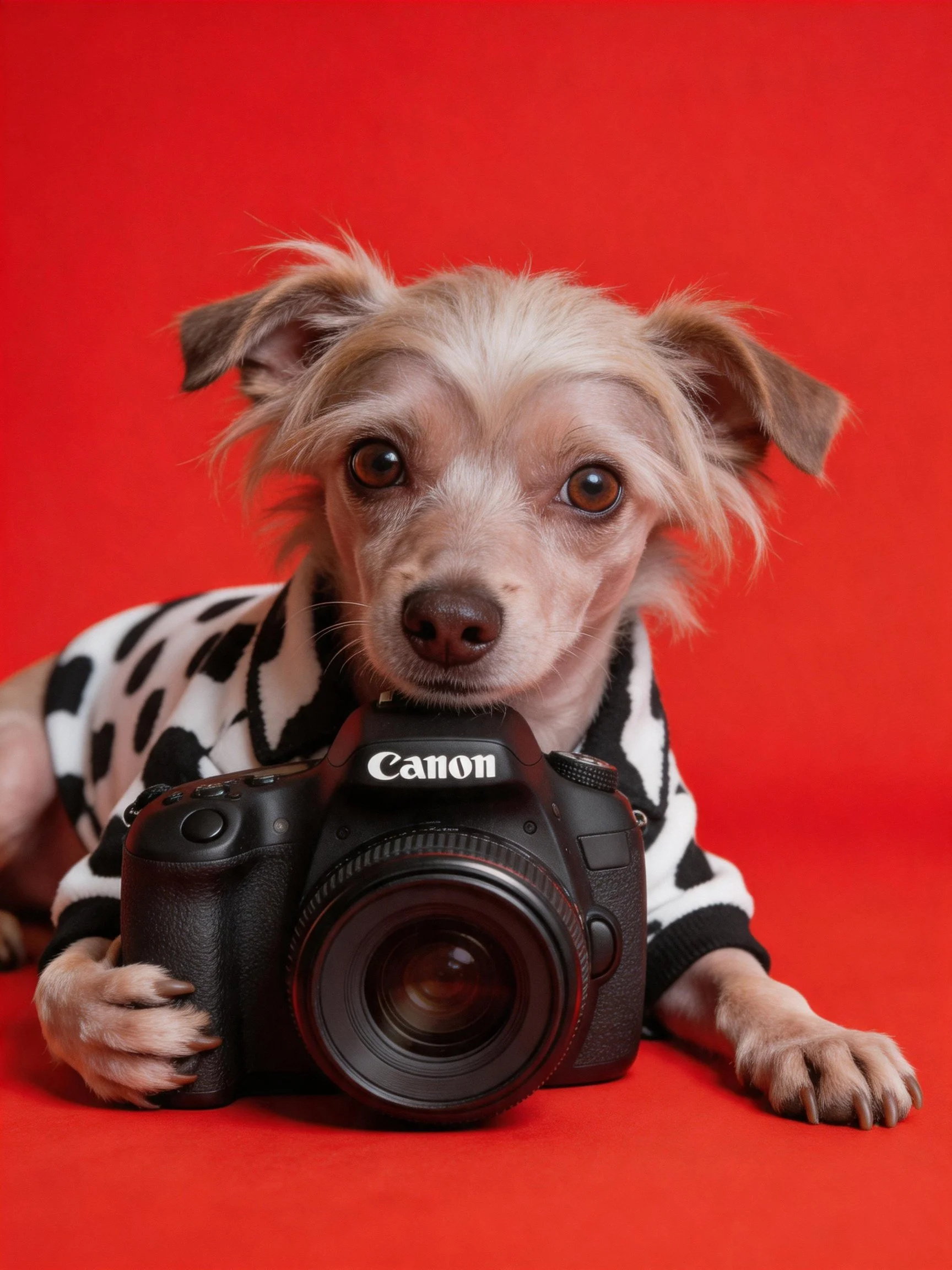 A small dog in a spotted shirt holds a Canon camera on a red surface.