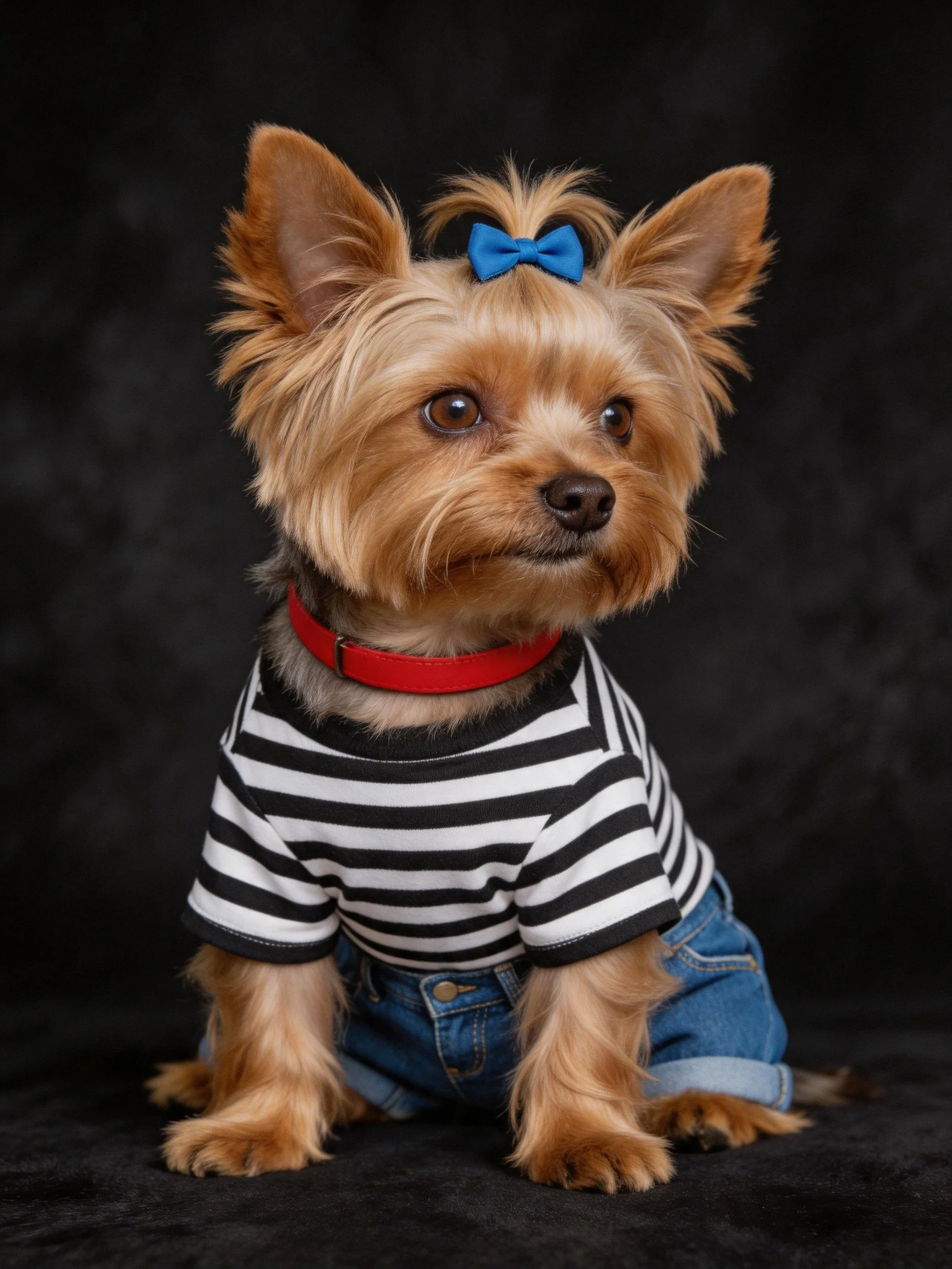 A small dog dressed in a striped shirt and denim shorts poses against a dark backdrop.