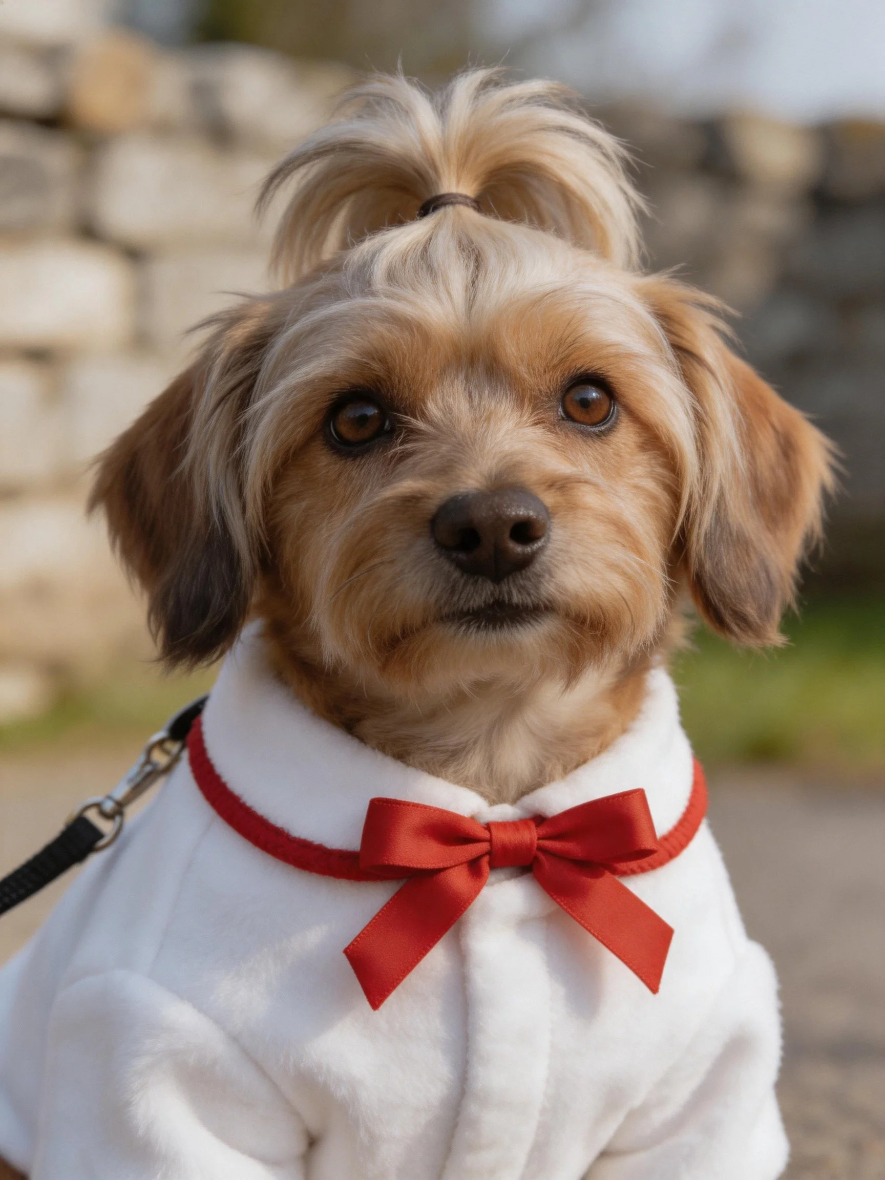 A small dog dressed in a white coat with a red bowtie stands outdoors.
