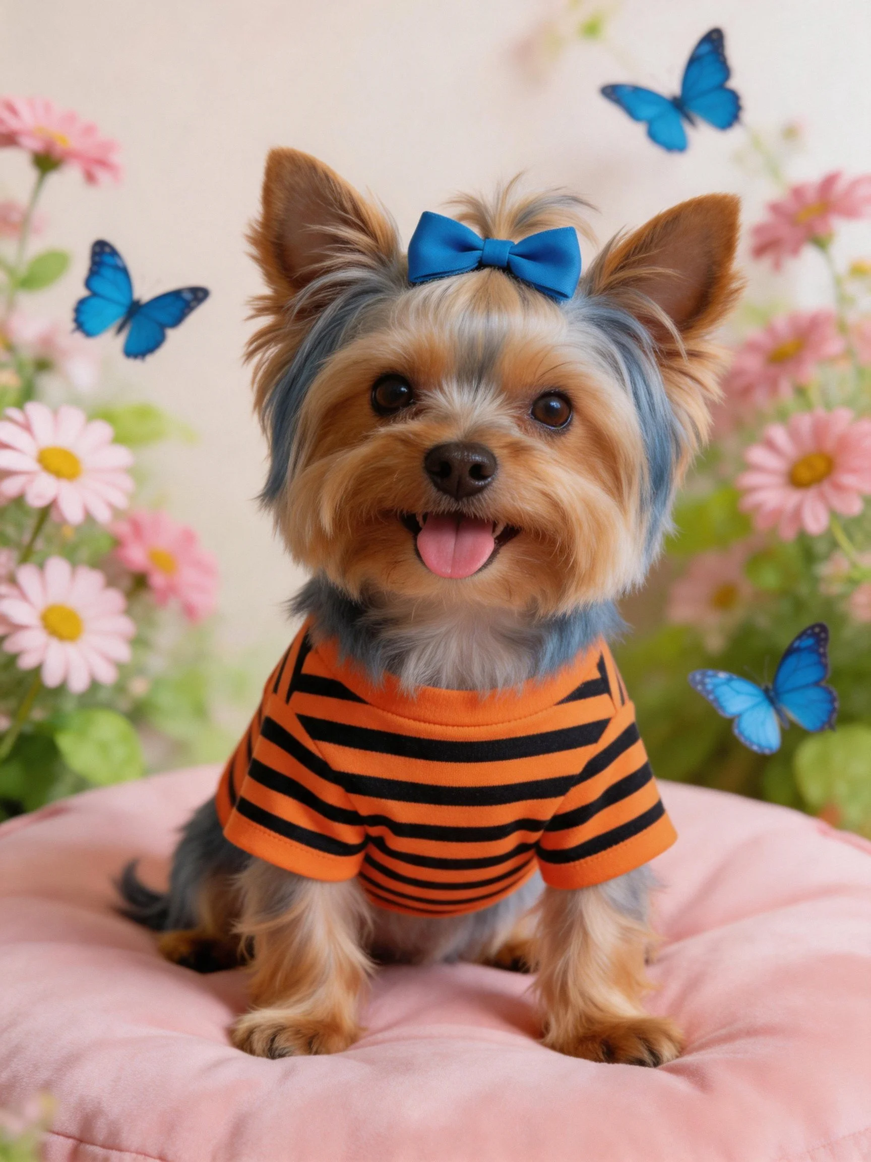 A small dog in a striped shirt sits amid pink flowers and blue butterflies