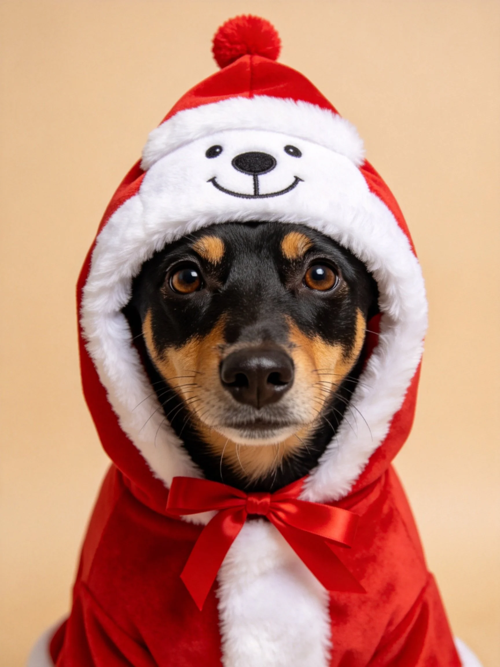 A small dog in festive red and white holiday clothing