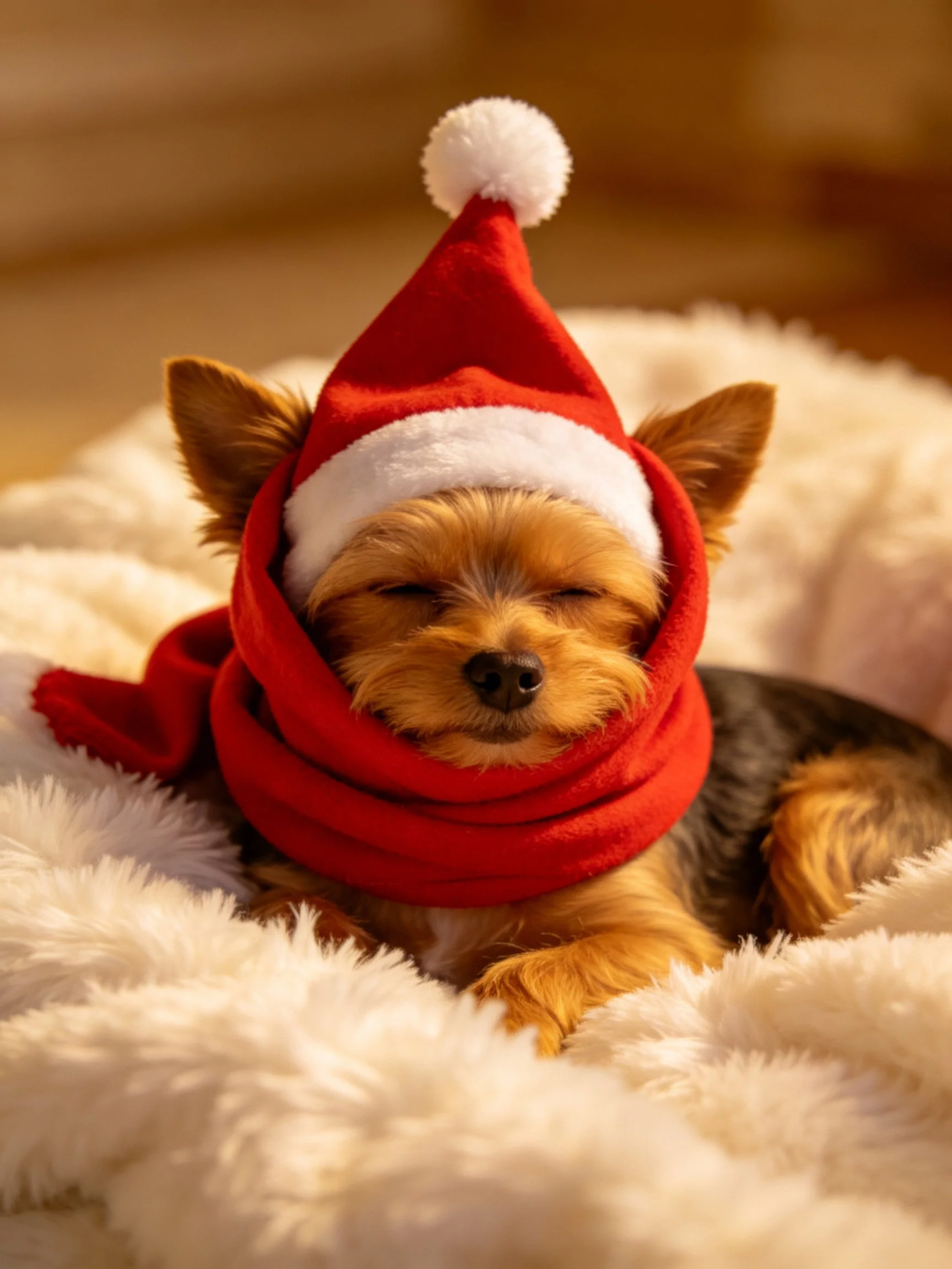 A small dog in red holiday gear rests on a fluffy bed