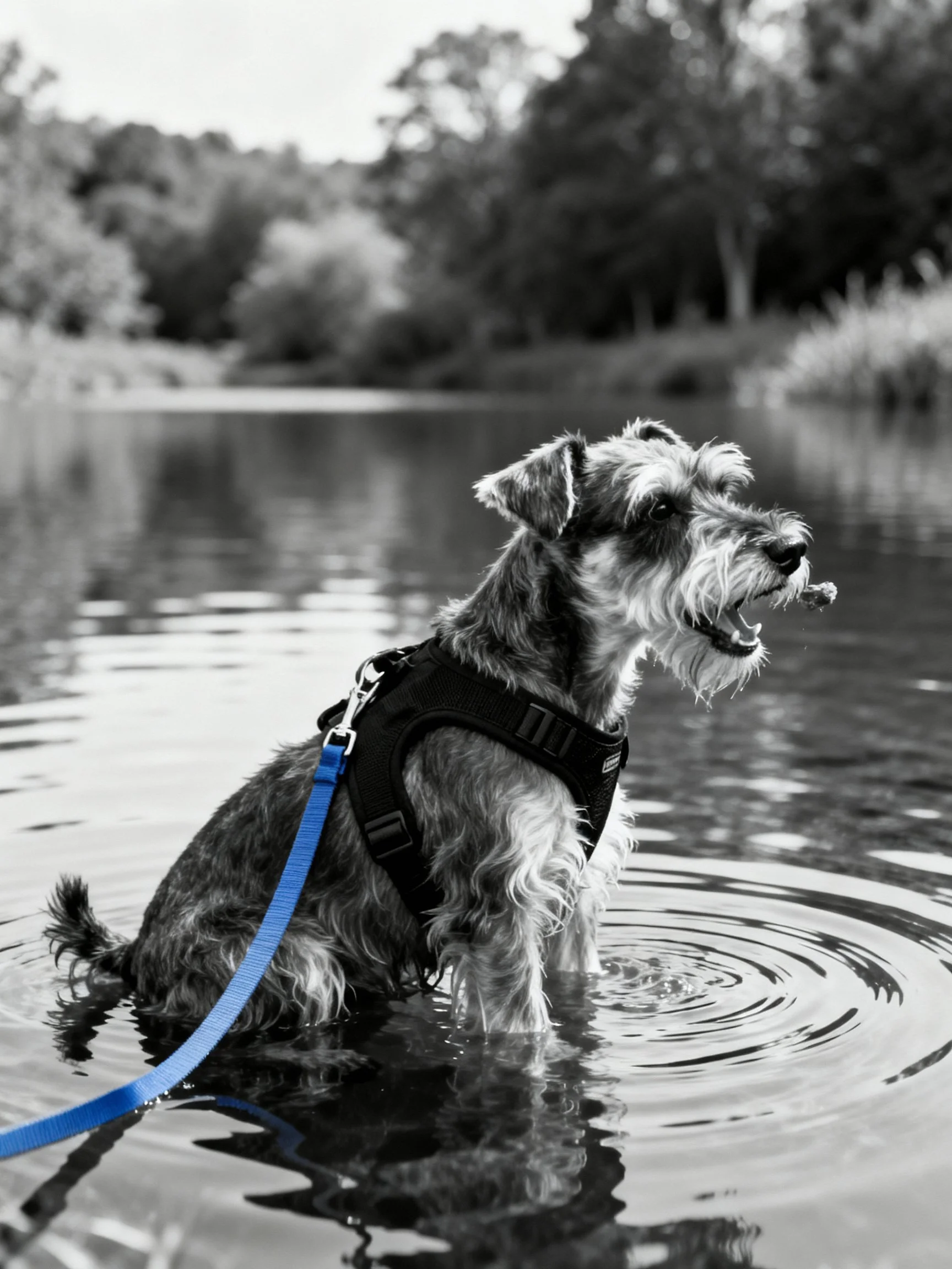 A small dog in water wears a black harness with a blue leash near a wooded shore