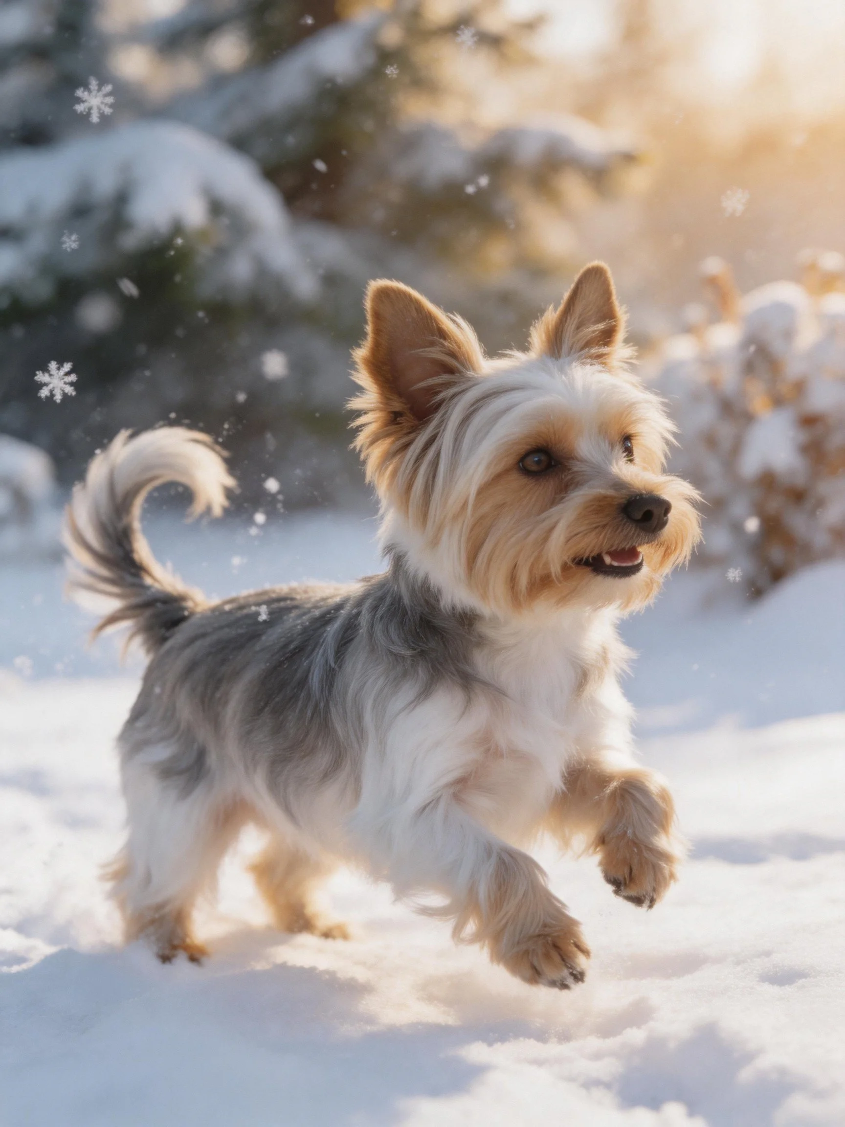 A small dog runs joyfully through a snowy area with snow - covered trees.