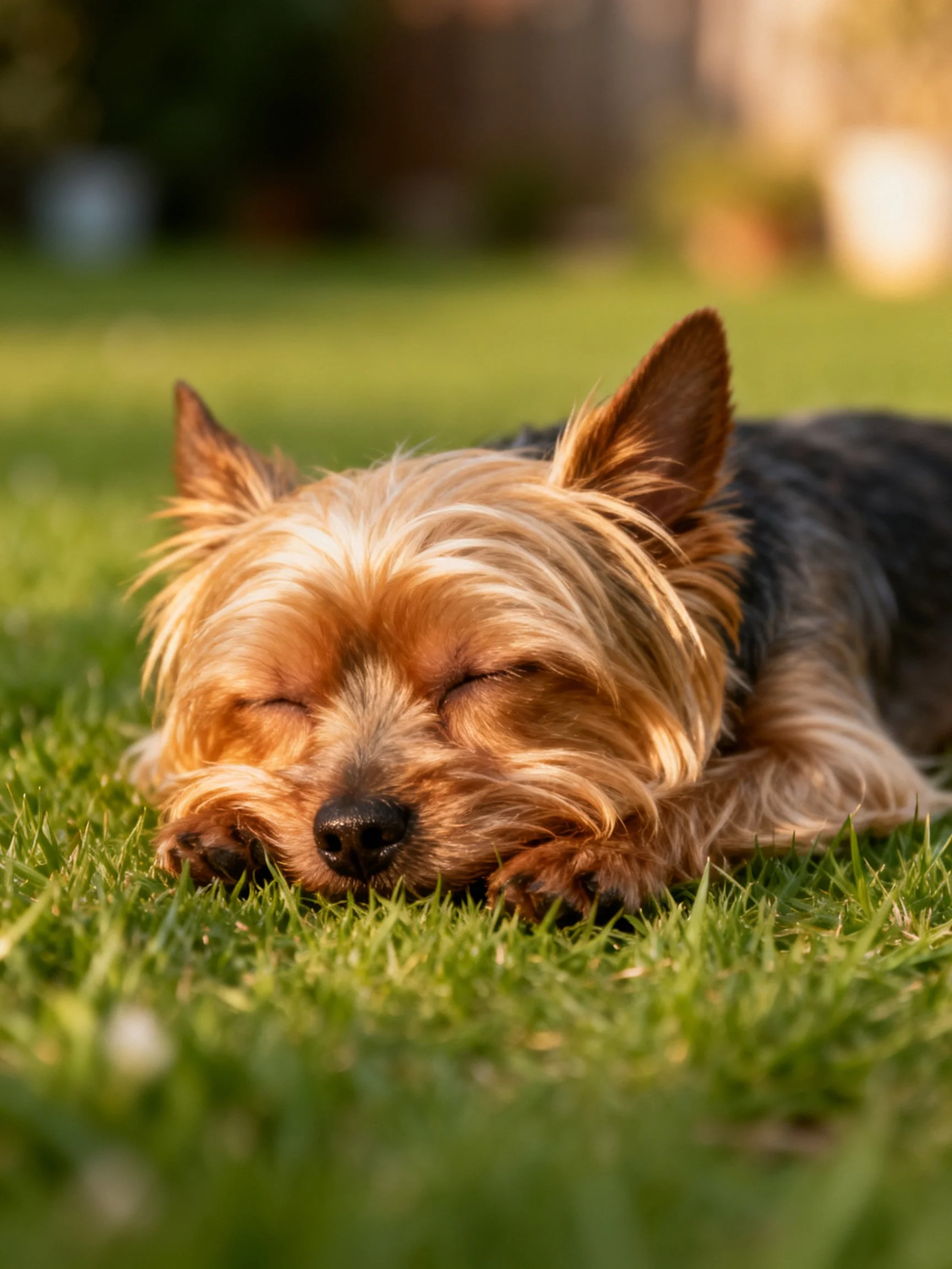 A small dog sleeps peacefully on green grass in a sunlit outdoor environment.