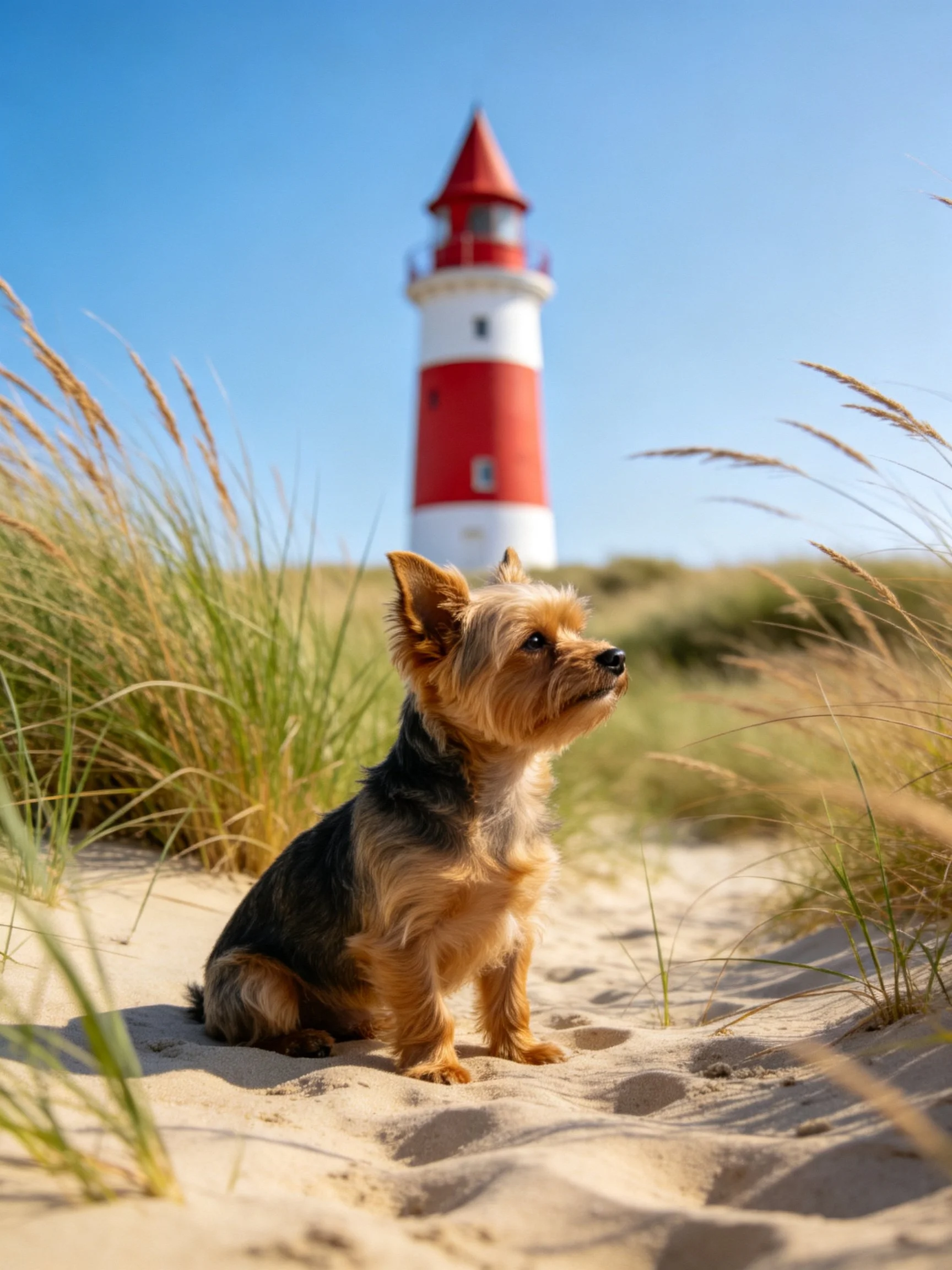 A small dog sits on a sandy beach with a red-and-white lighthouse in the background.