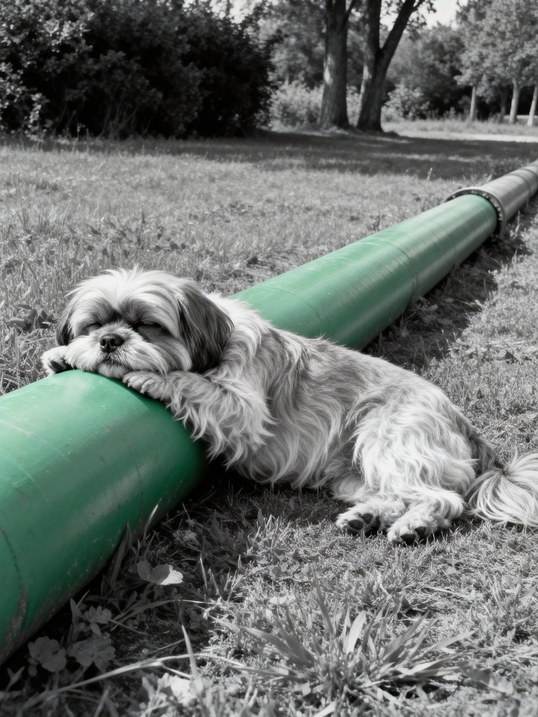 A small dog relaxes against a large green pipe in a grassy outdoor area.