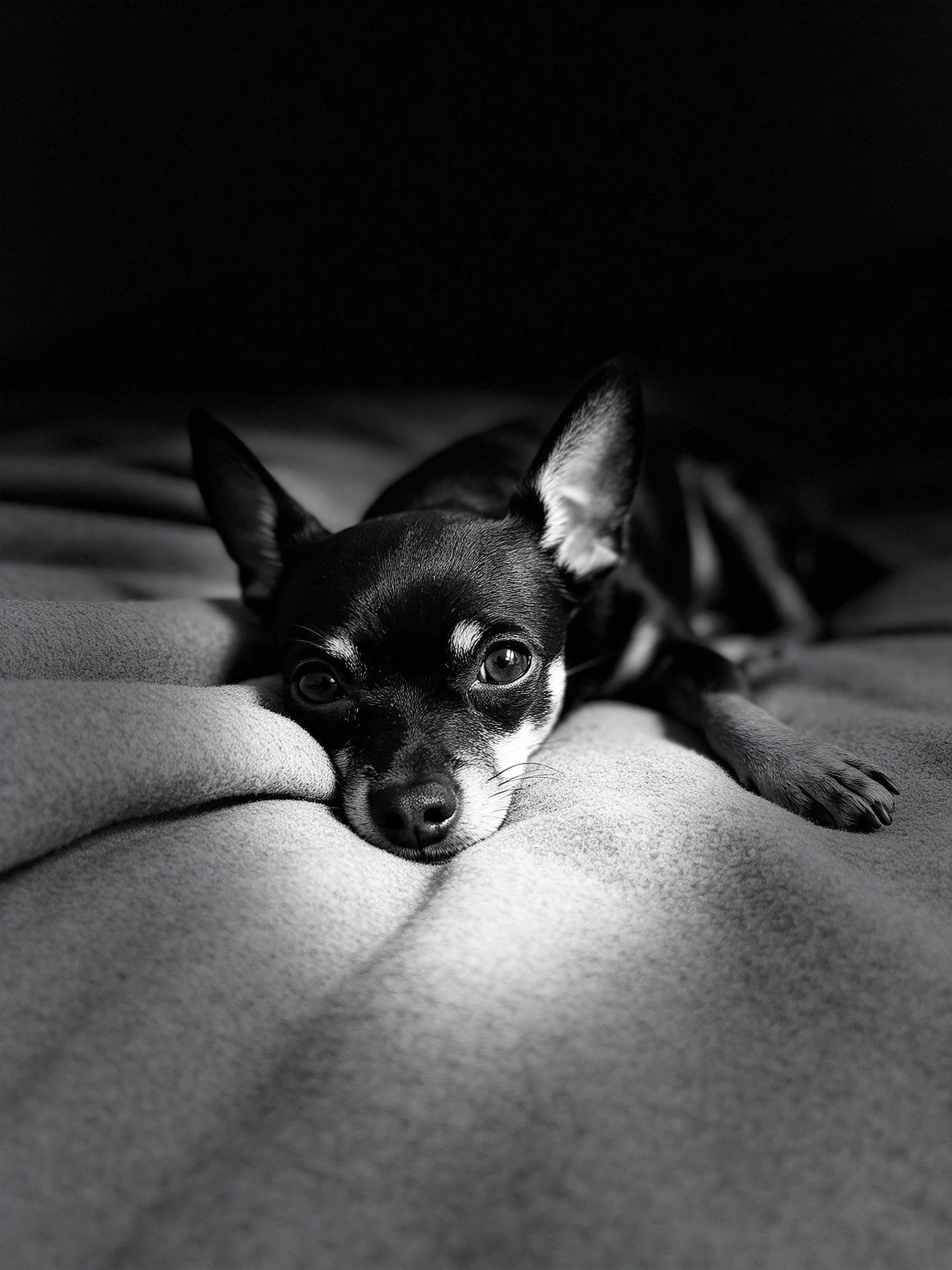 A small dog lies on a blanket in a high-contrast black and whitephotograph.