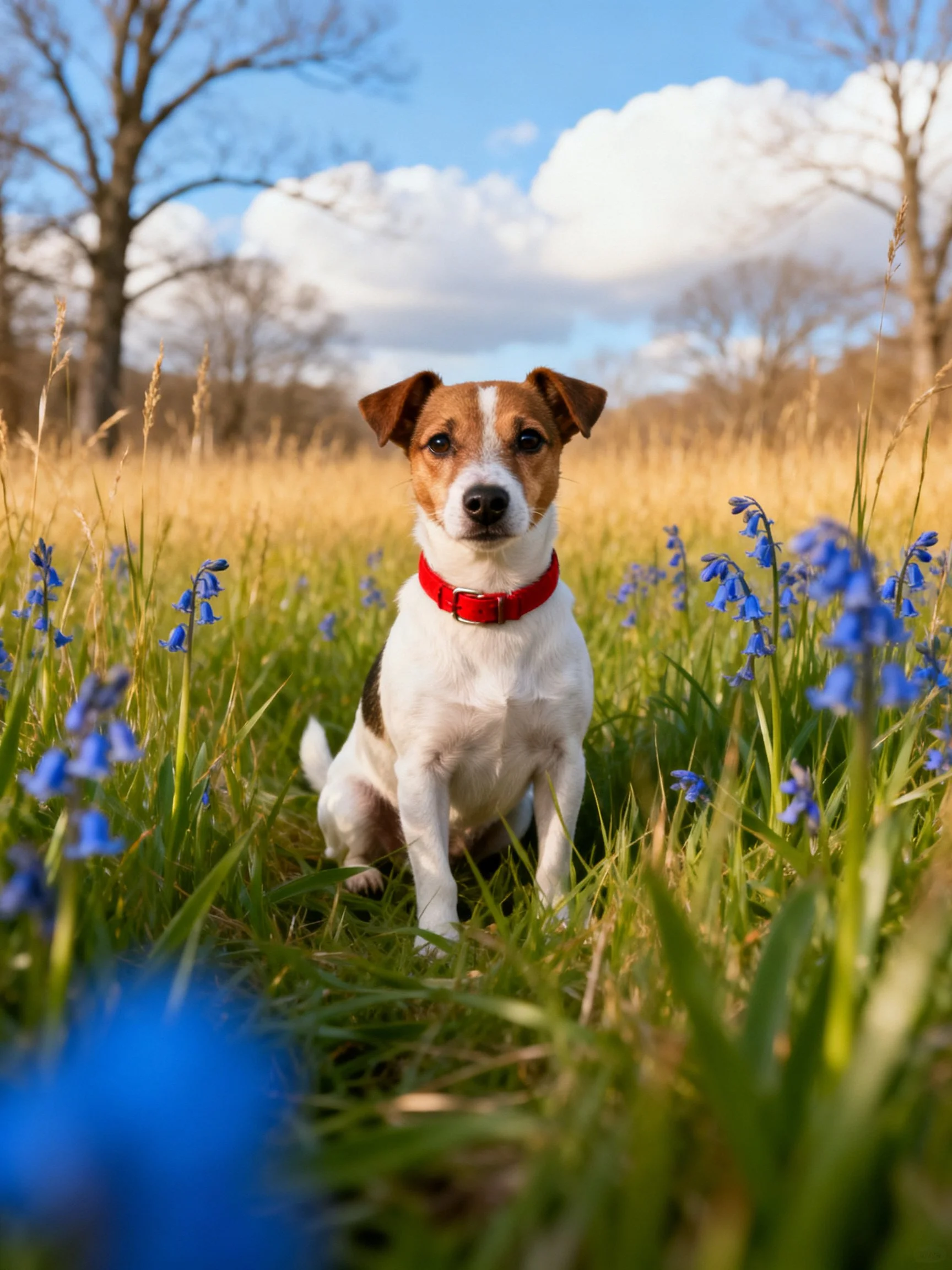 A small dog sits calmly amid bluebells and tall grass in a sunlit meadow.