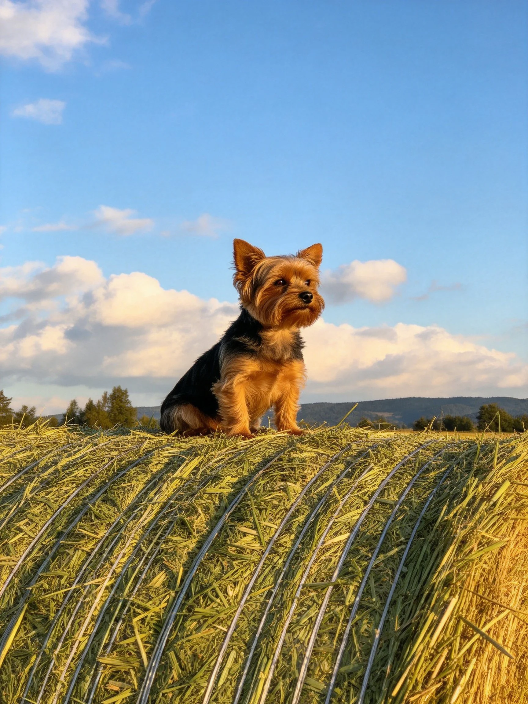 A small dog rests on hay bales in a sunlit field with a clear blue sky.