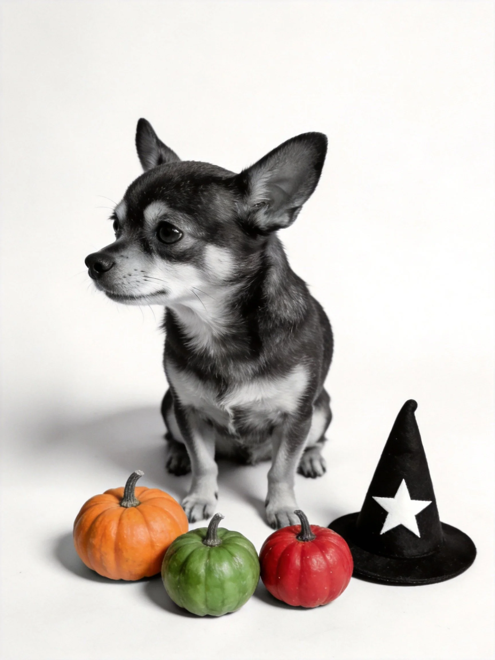 A small dog sits near three mini pumpkins and a witch hat