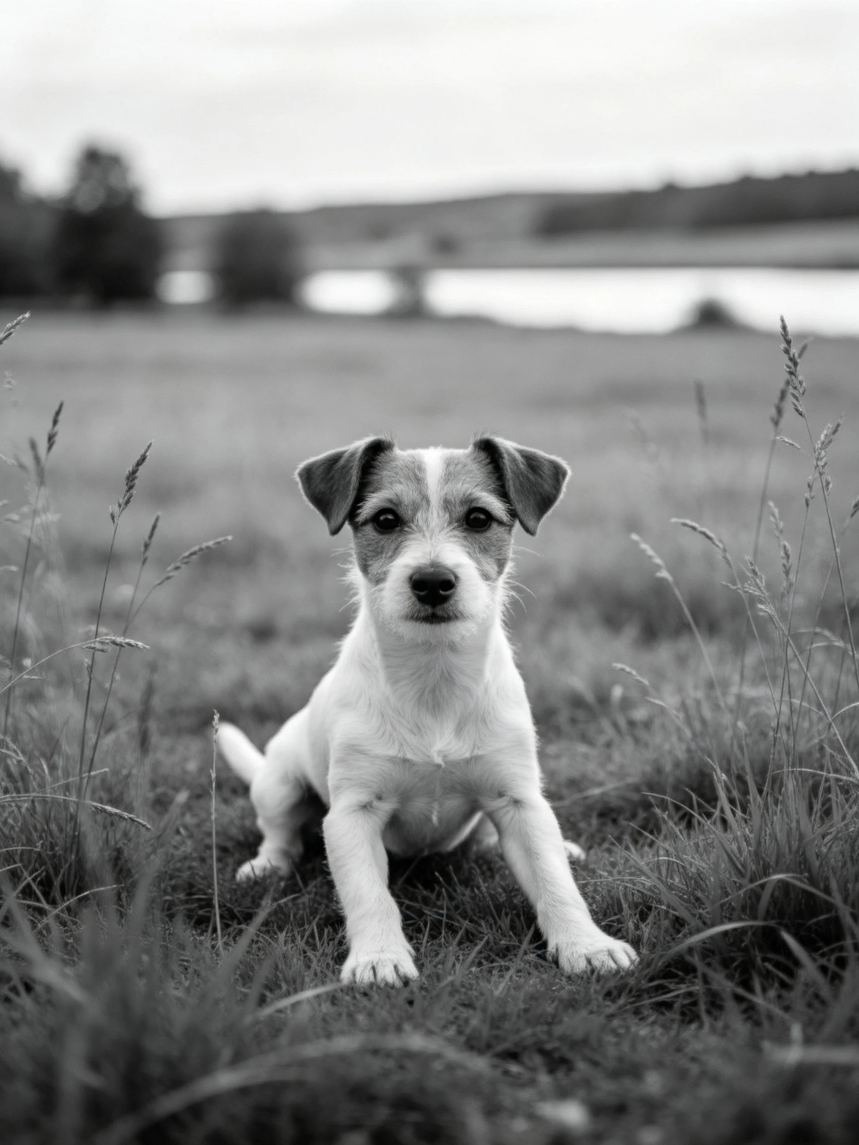 A small dog sits calmly in a grassy field with a blurred natural backdrop.