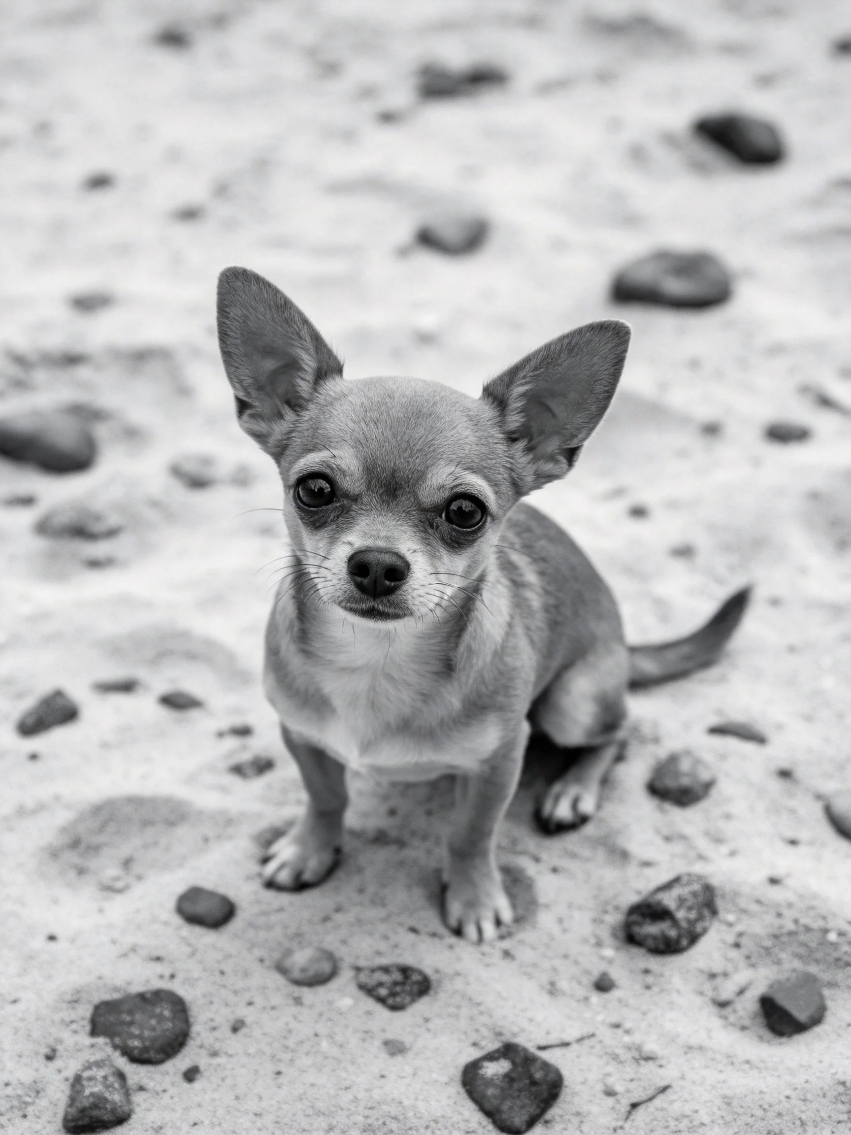 A small dog sits on rocky sand in a black and white photograph.