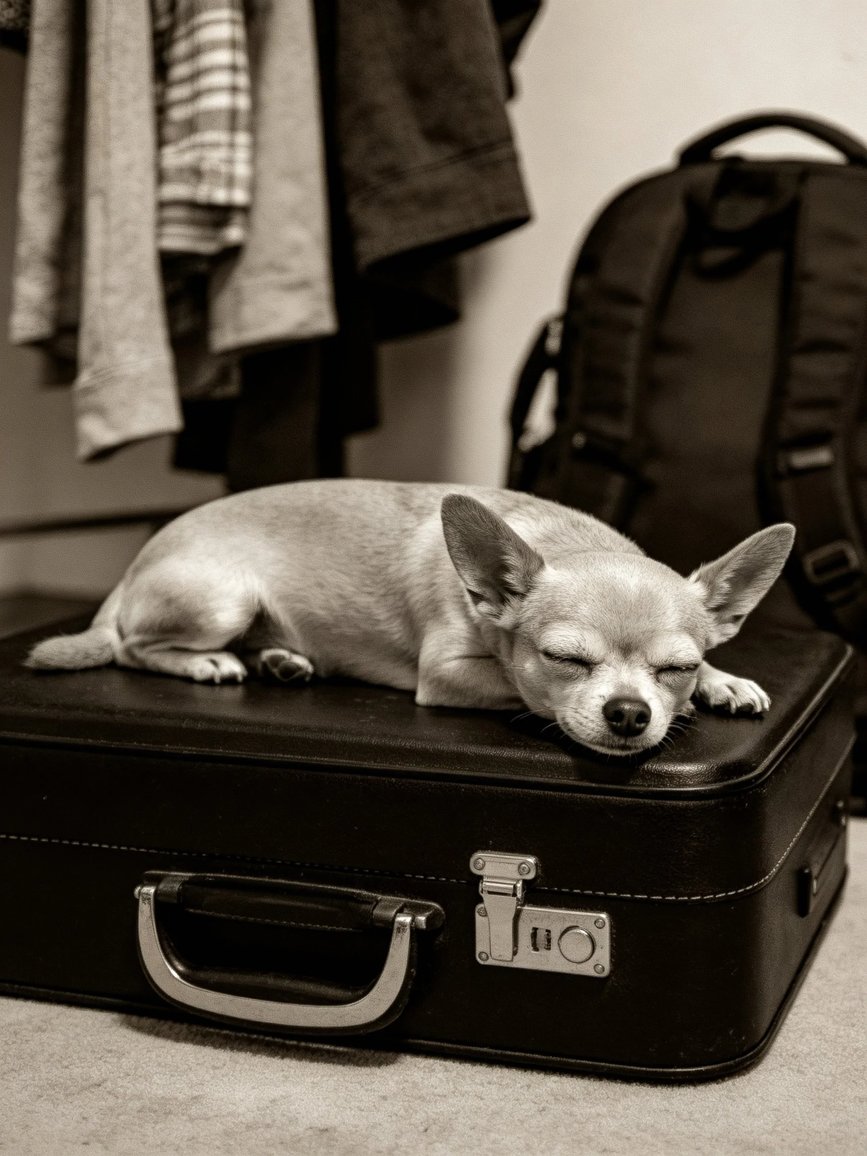 A small dog sleeps on a black leather suitcase next to a backpack.