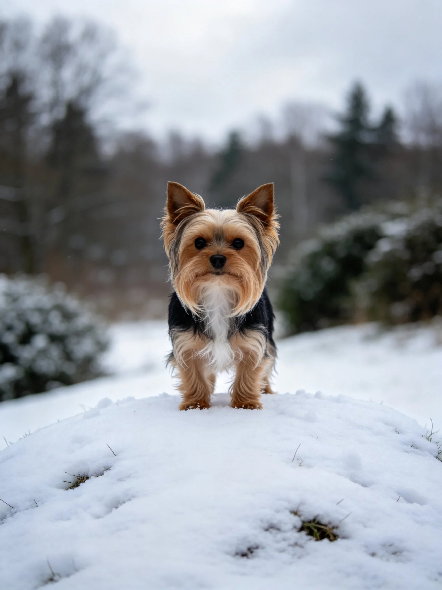 A small dog stands on a snow mound in a wintry landscape