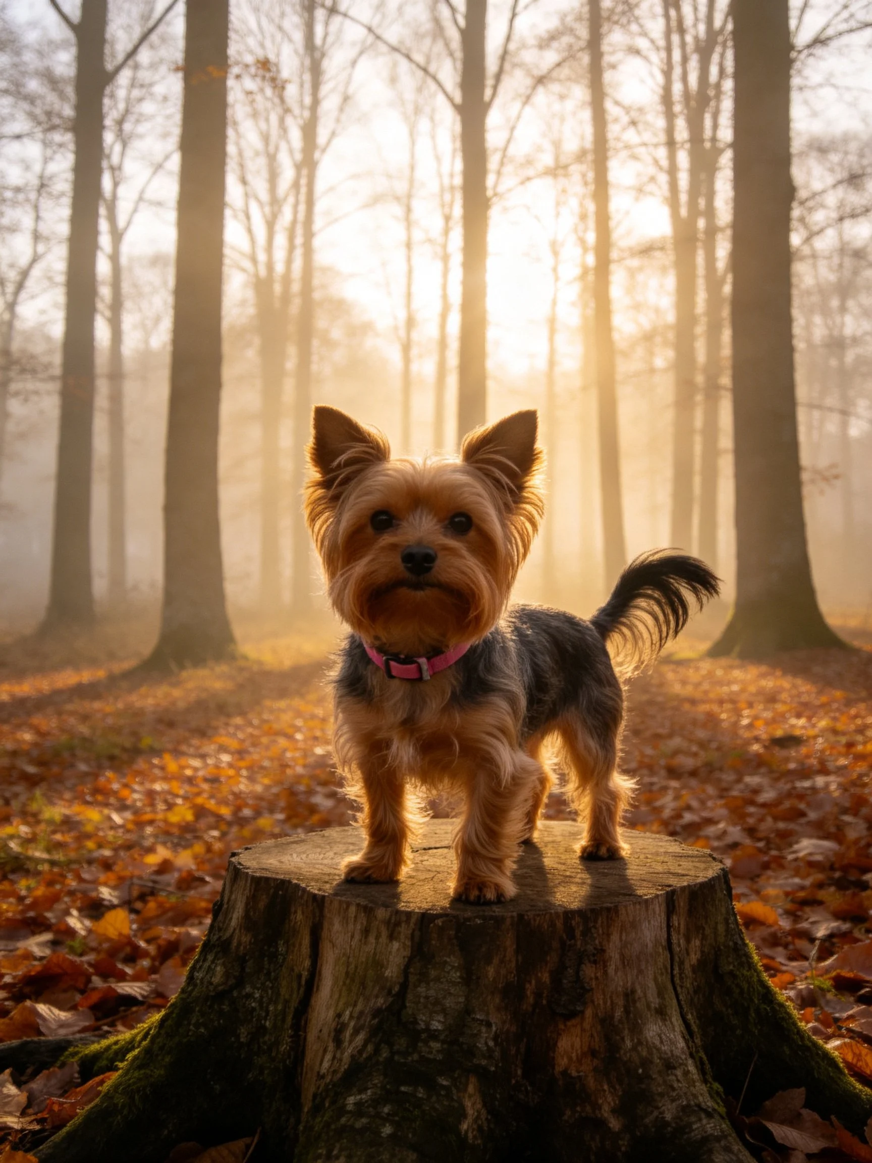 A small dog stands on a tree stump in a sunlit autumn forest.