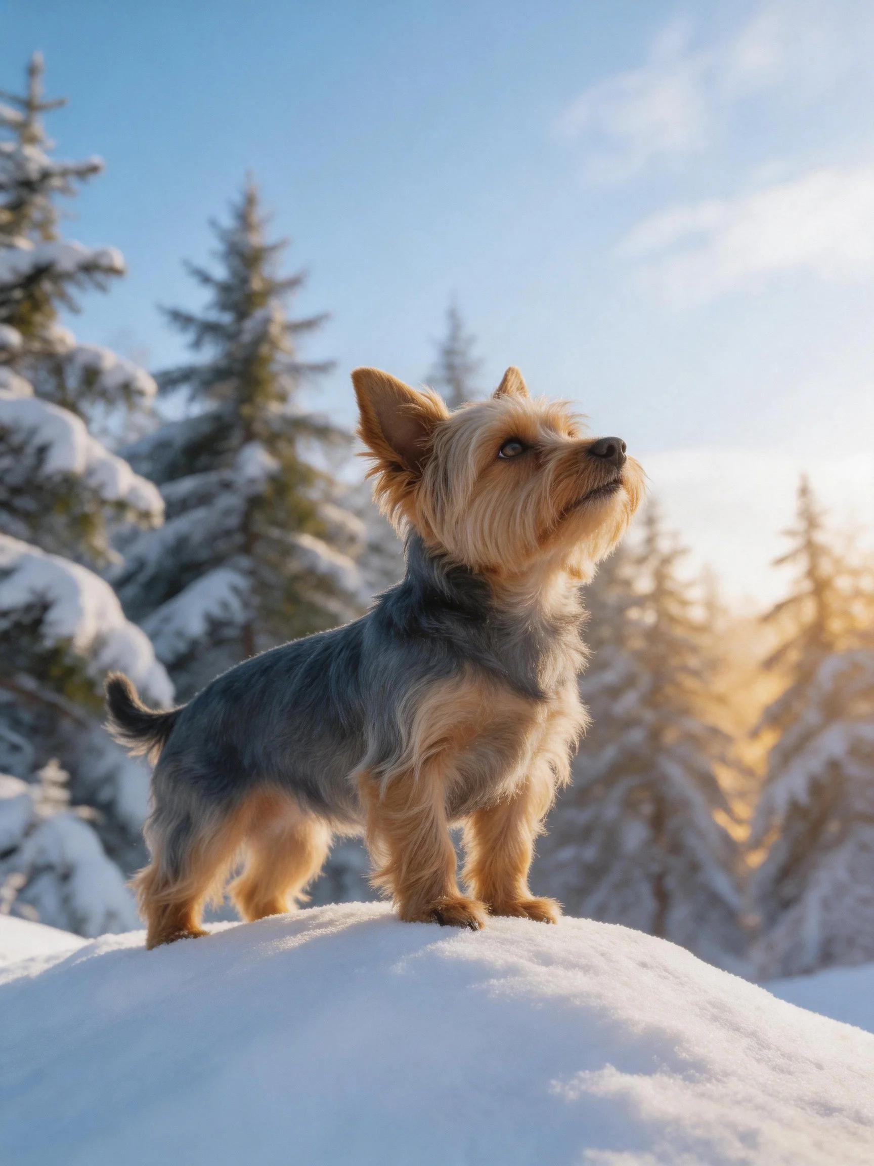 A small dog stands on snow in a wintry forest landscape.