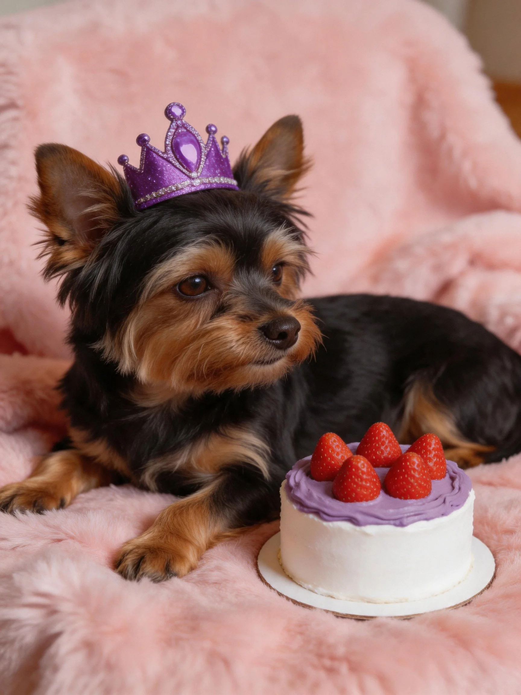 A small dog with a purple tiara sits beside a strawberry-topped cake on a soft pink blanket.
