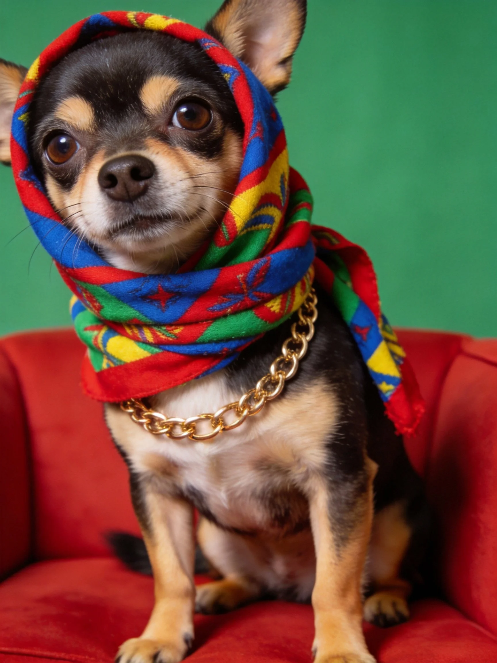 A small dog dressed in a colorful scarf and gold chain sits on a red chair.