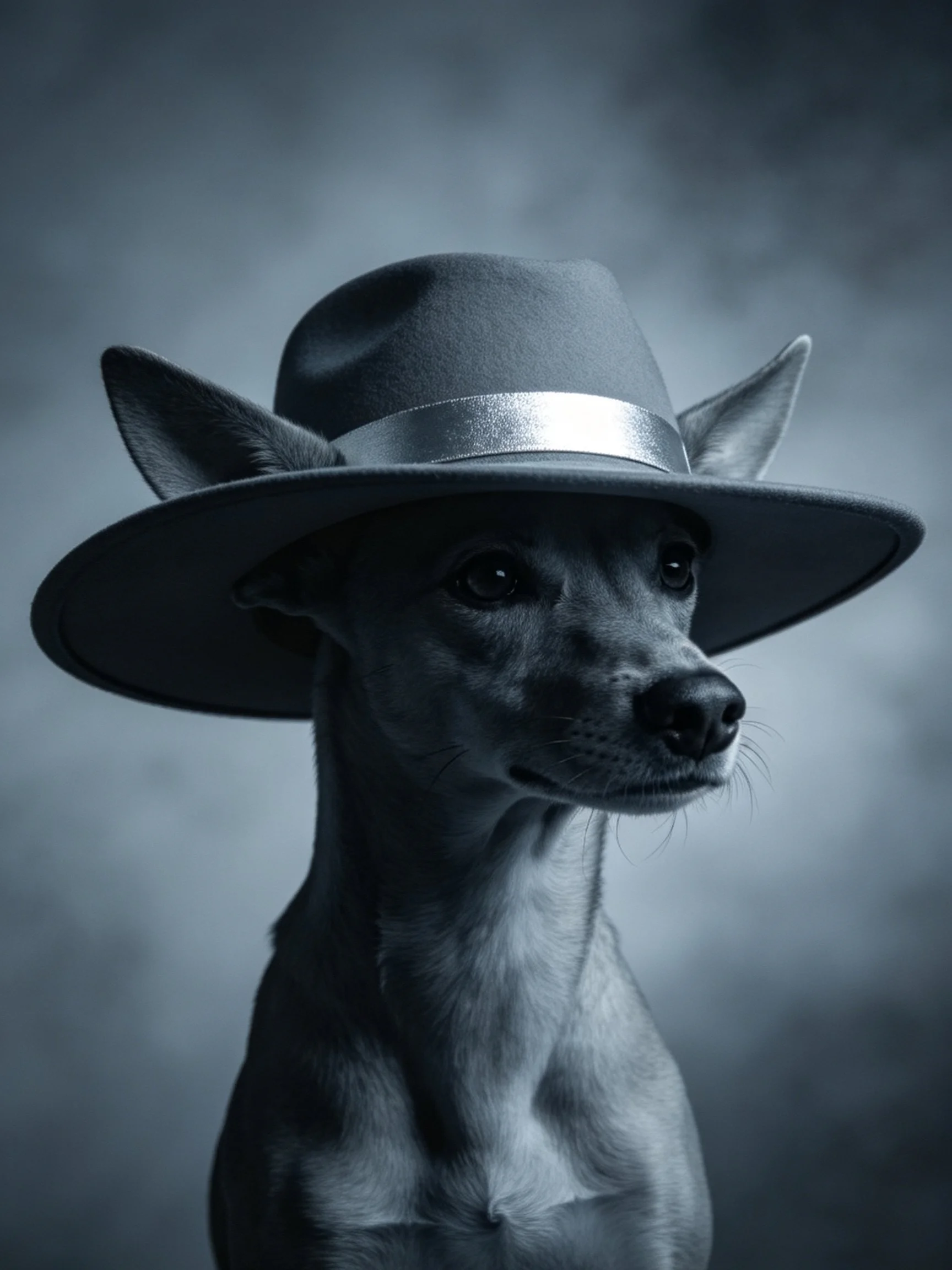 A dog wears an oversized gray hat with a silver band in a moody atmosphere.