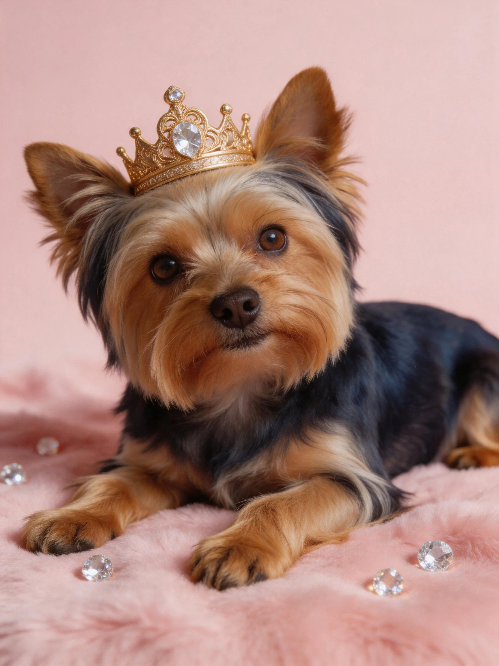 A small dog wears a golden crown on a pink textured surface with scattered diamonds