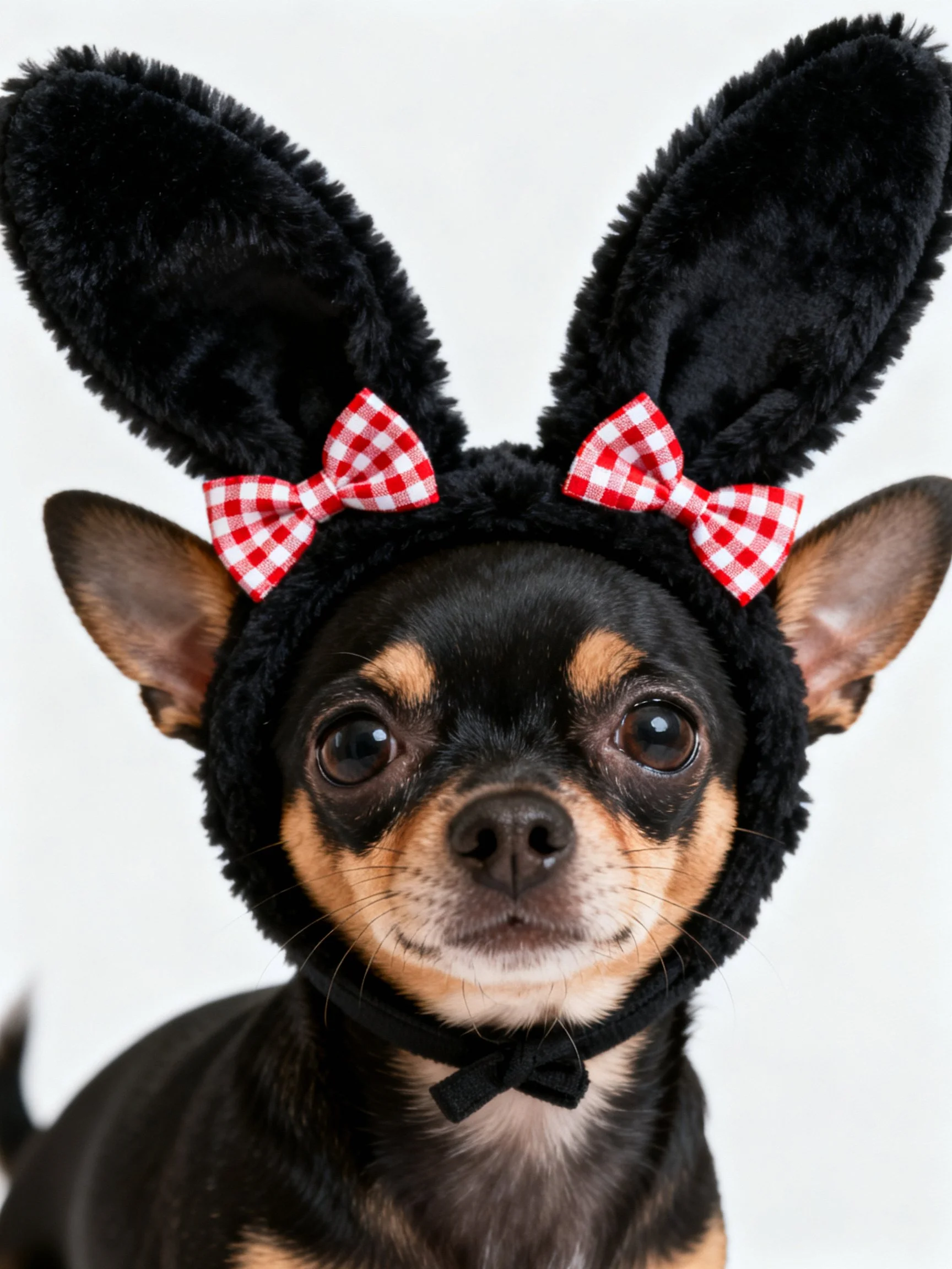 A small dog wears a playful costume with large black bunny ears