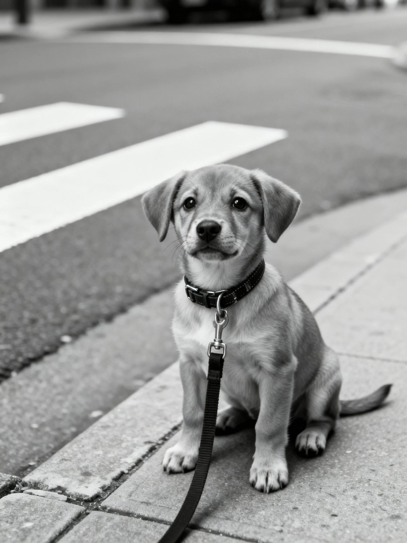 A young dog with a collar sits calmly on a sidewalk near a crosswalk.
