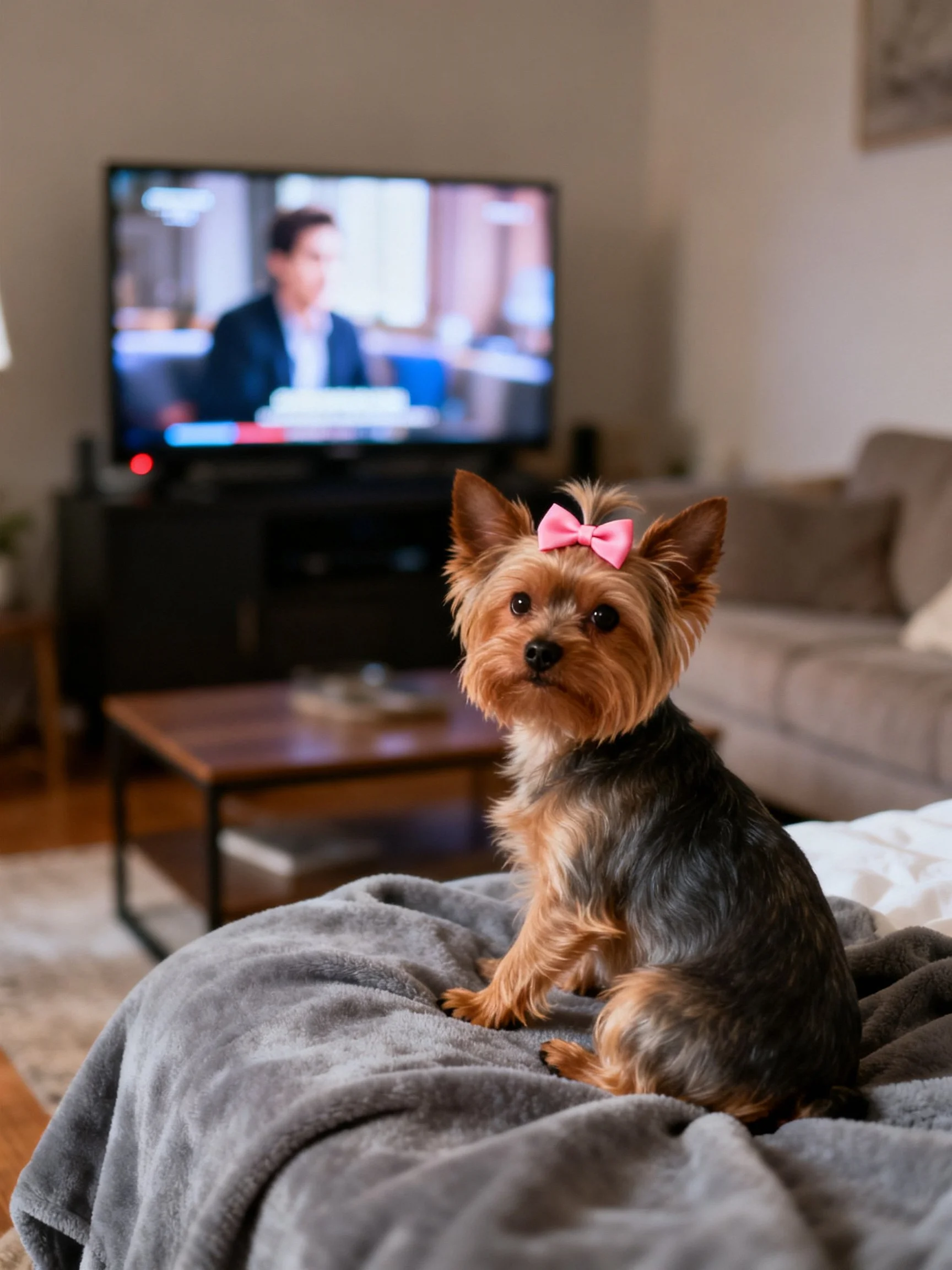 A small dog with a pink bow sits on a blanket in front of a television showing a program
