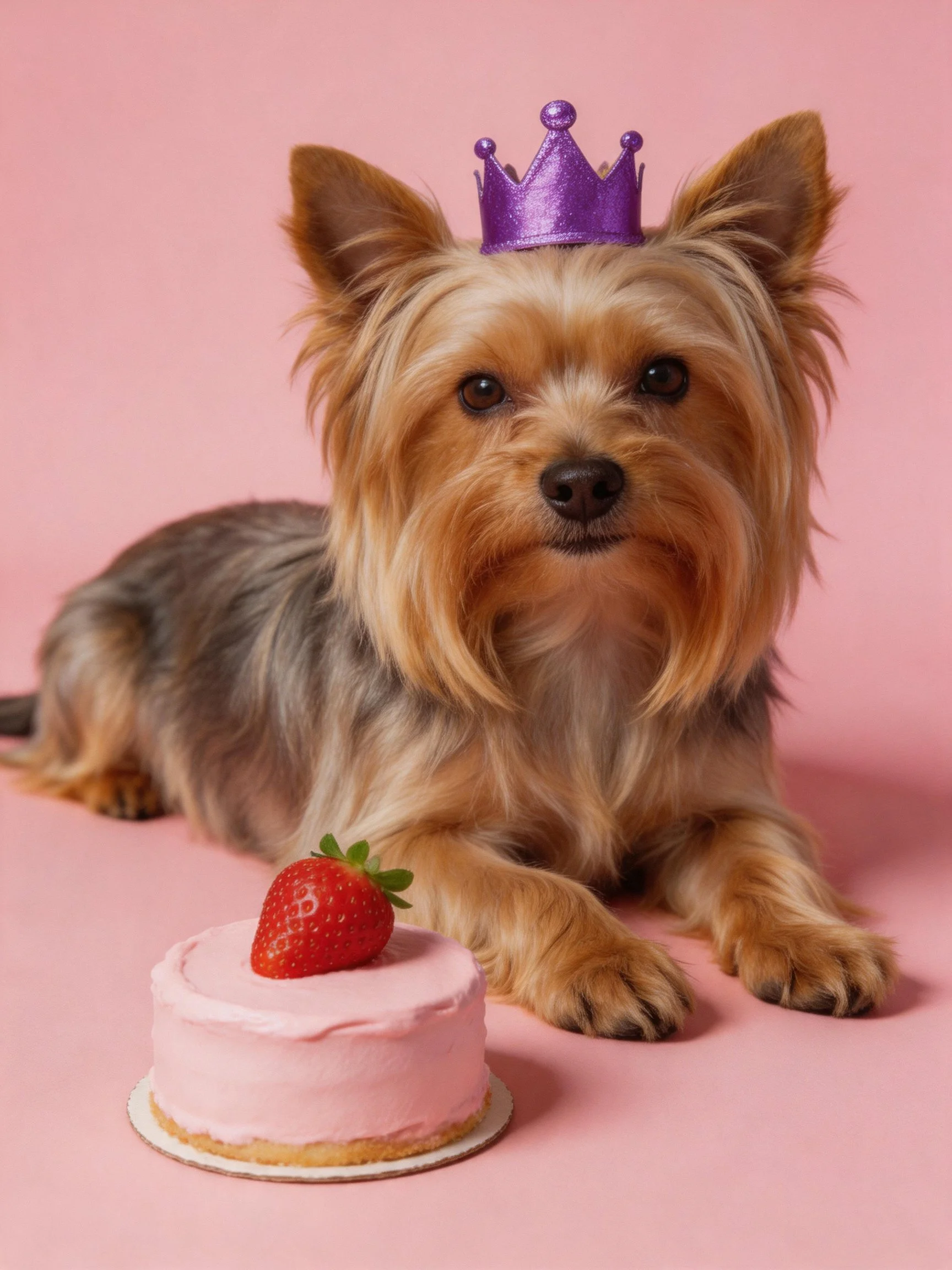 A dog wearing a purple crown is near a pink strawberry cake