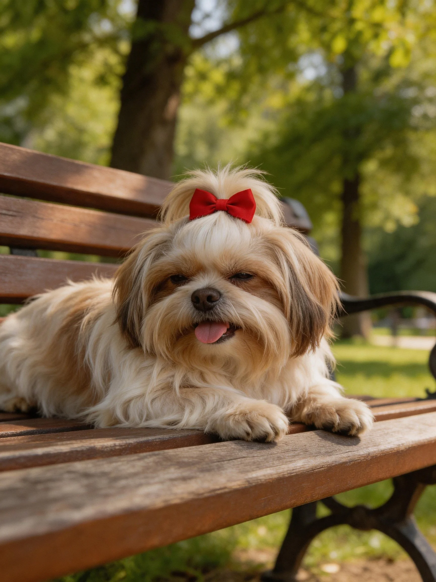 A small dog with a red bow resting on a wooden park bench