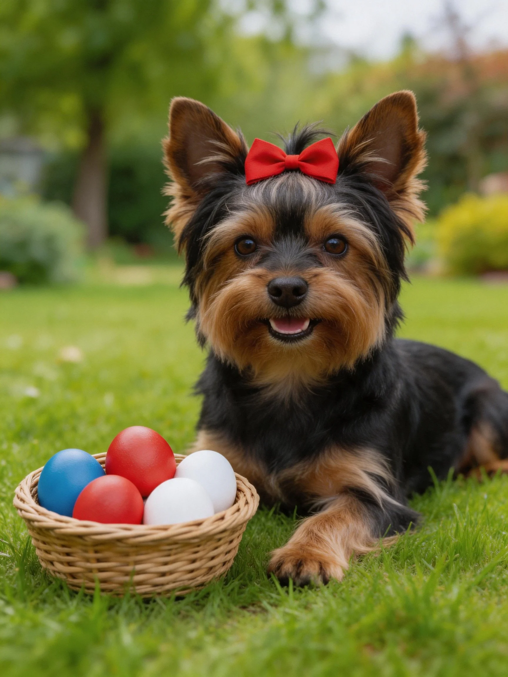 A small dog with a red bow rests beside a basket of blue, red, white eggs on grass