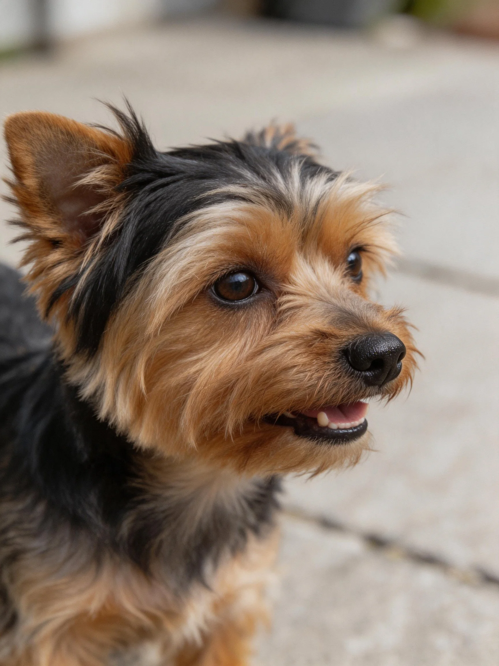 A small dog with black and tan fur stands alert outdoors.