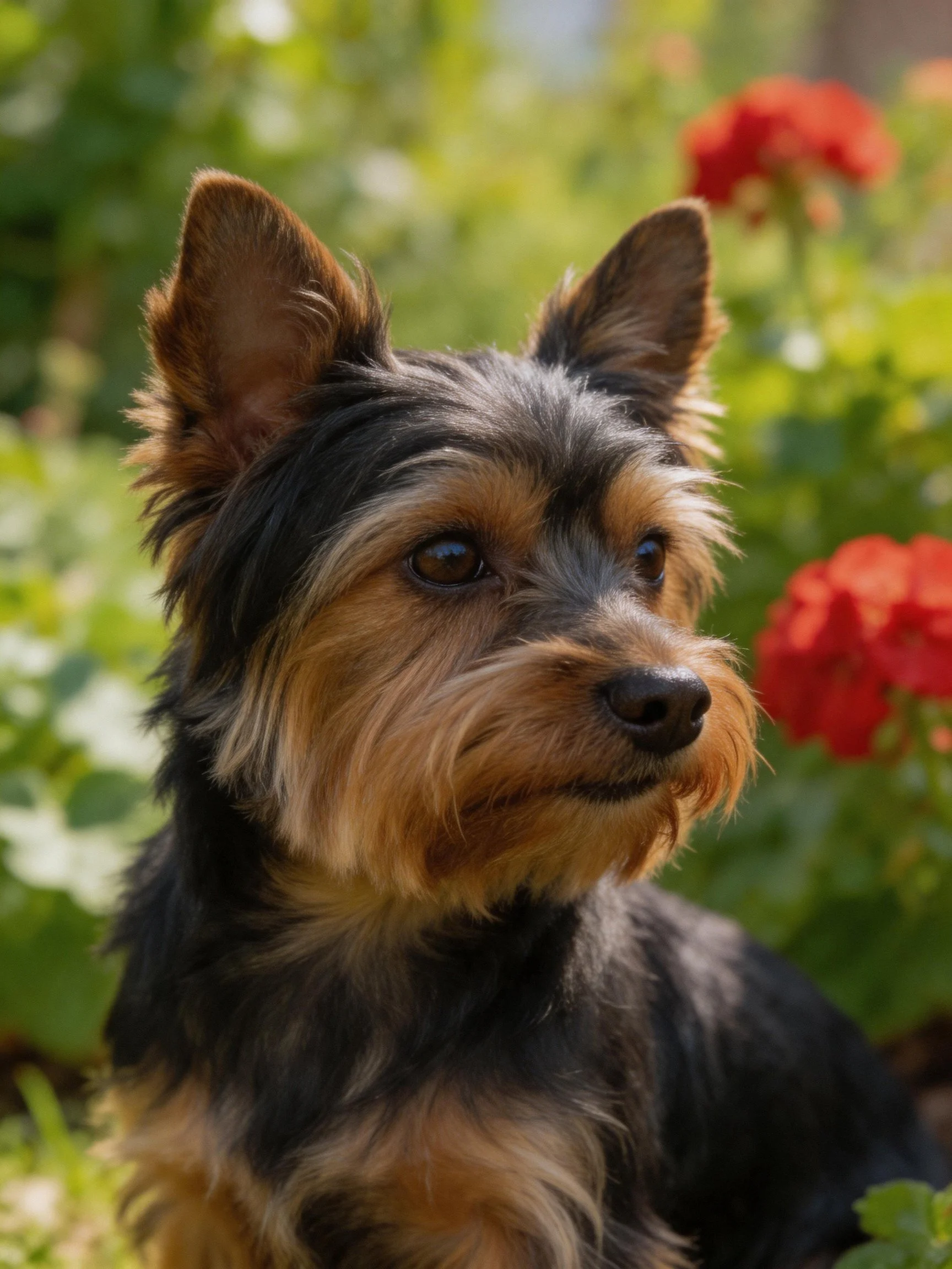 A small dog with black and tan fur stands near red flowers in a sunny garden.