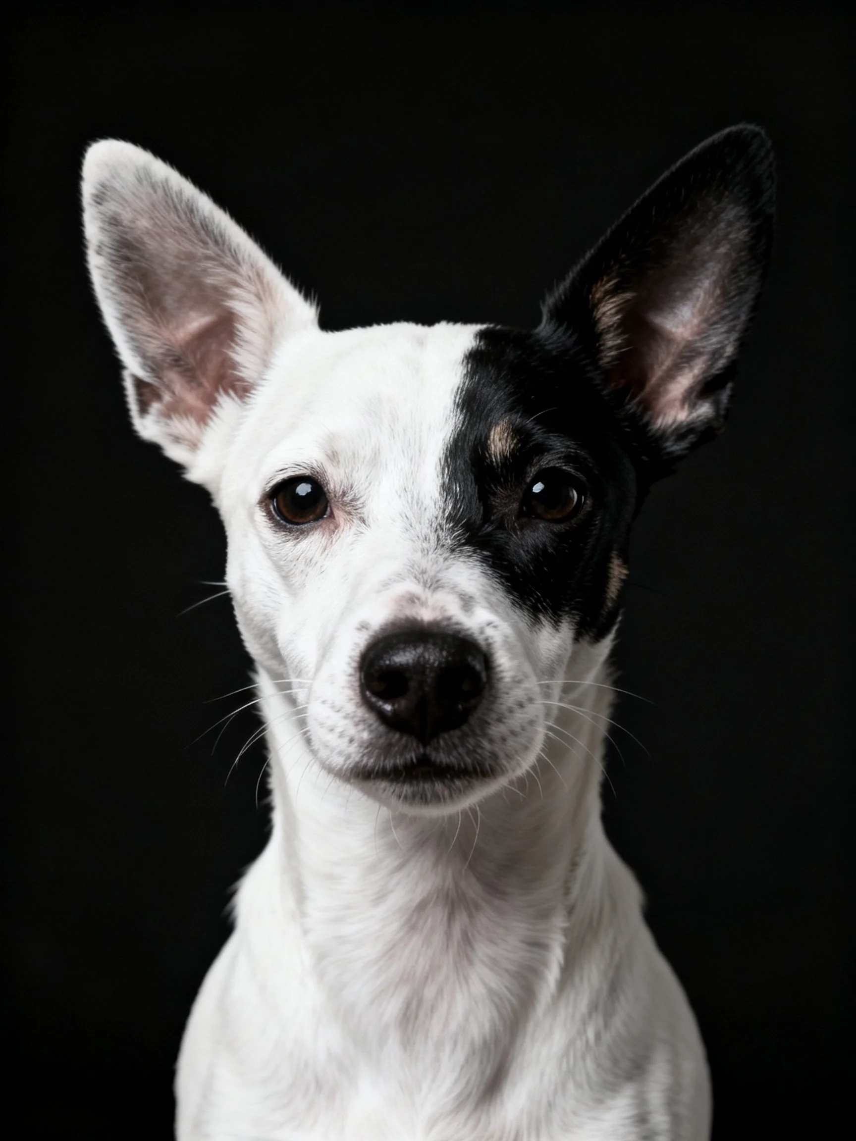 A small dog with contrasting black and white fur stands out against a black background.