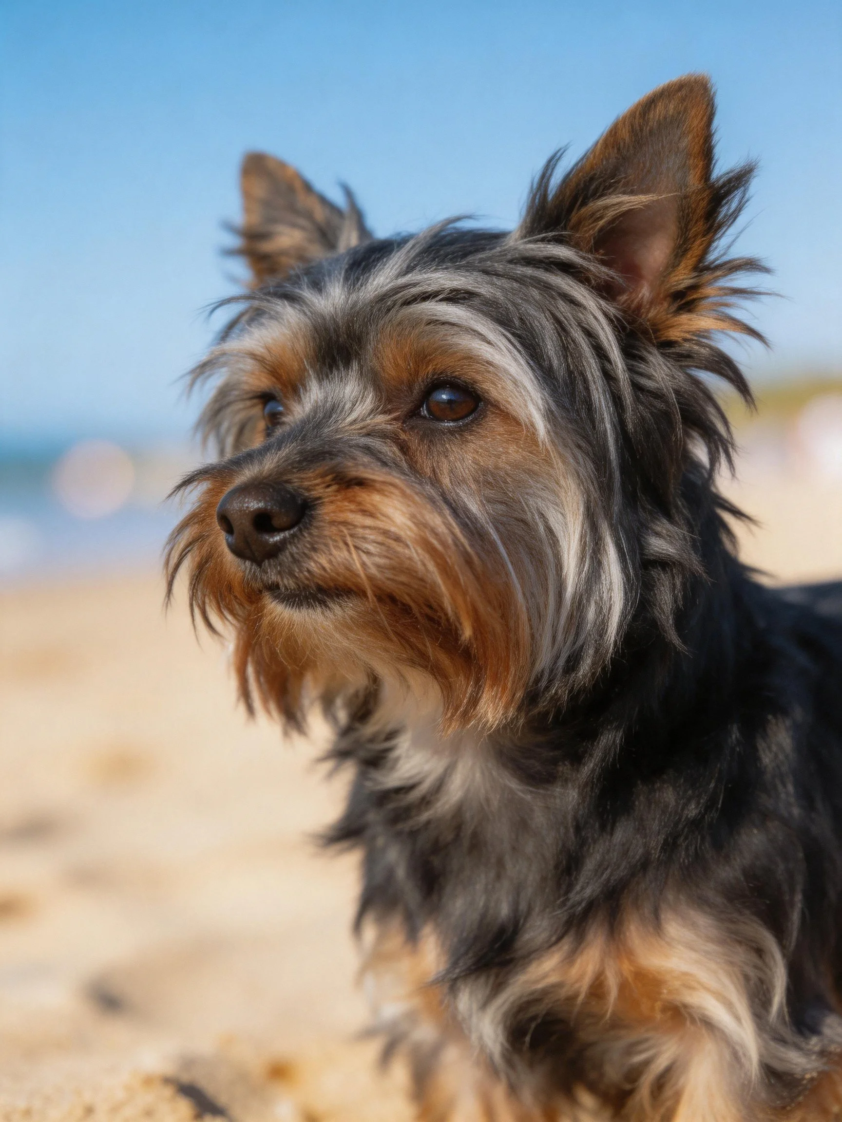 A small dog with multi-colored fur stands on sandy ground near a beach.