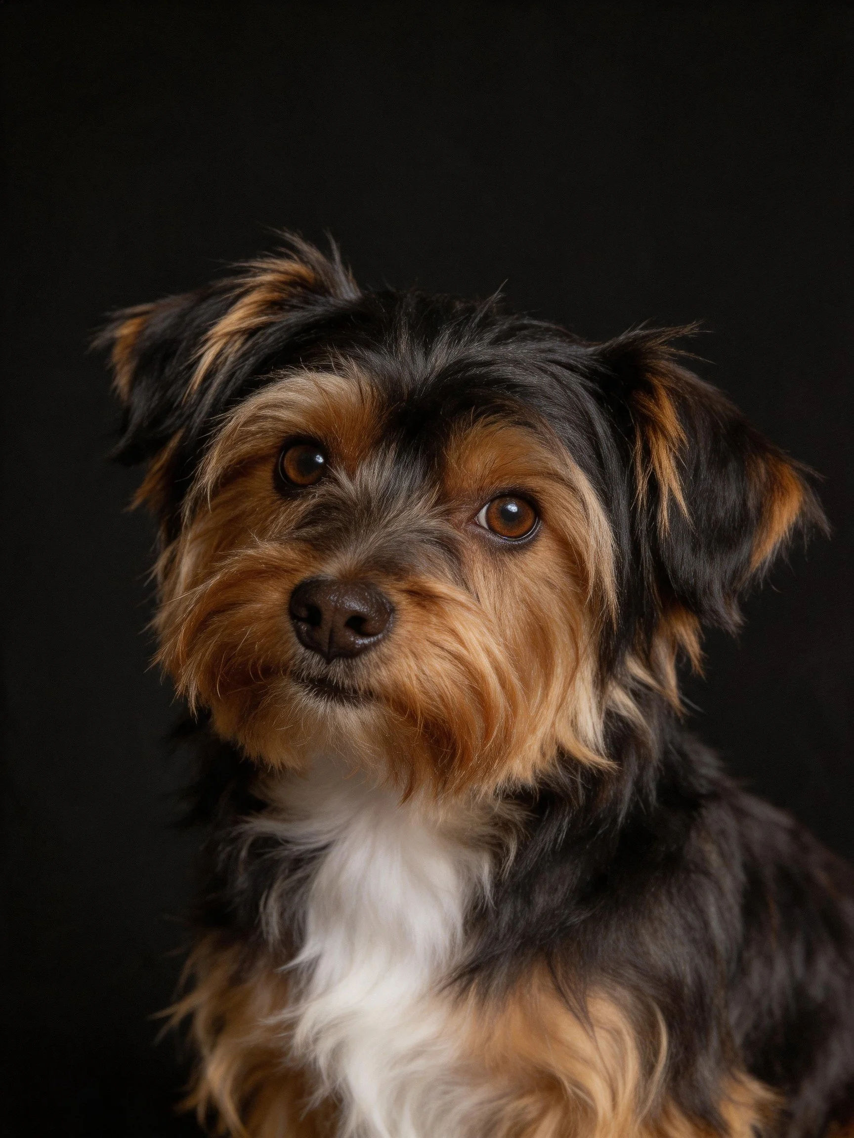 A small dog with mixed fur colors poses against a dark background.