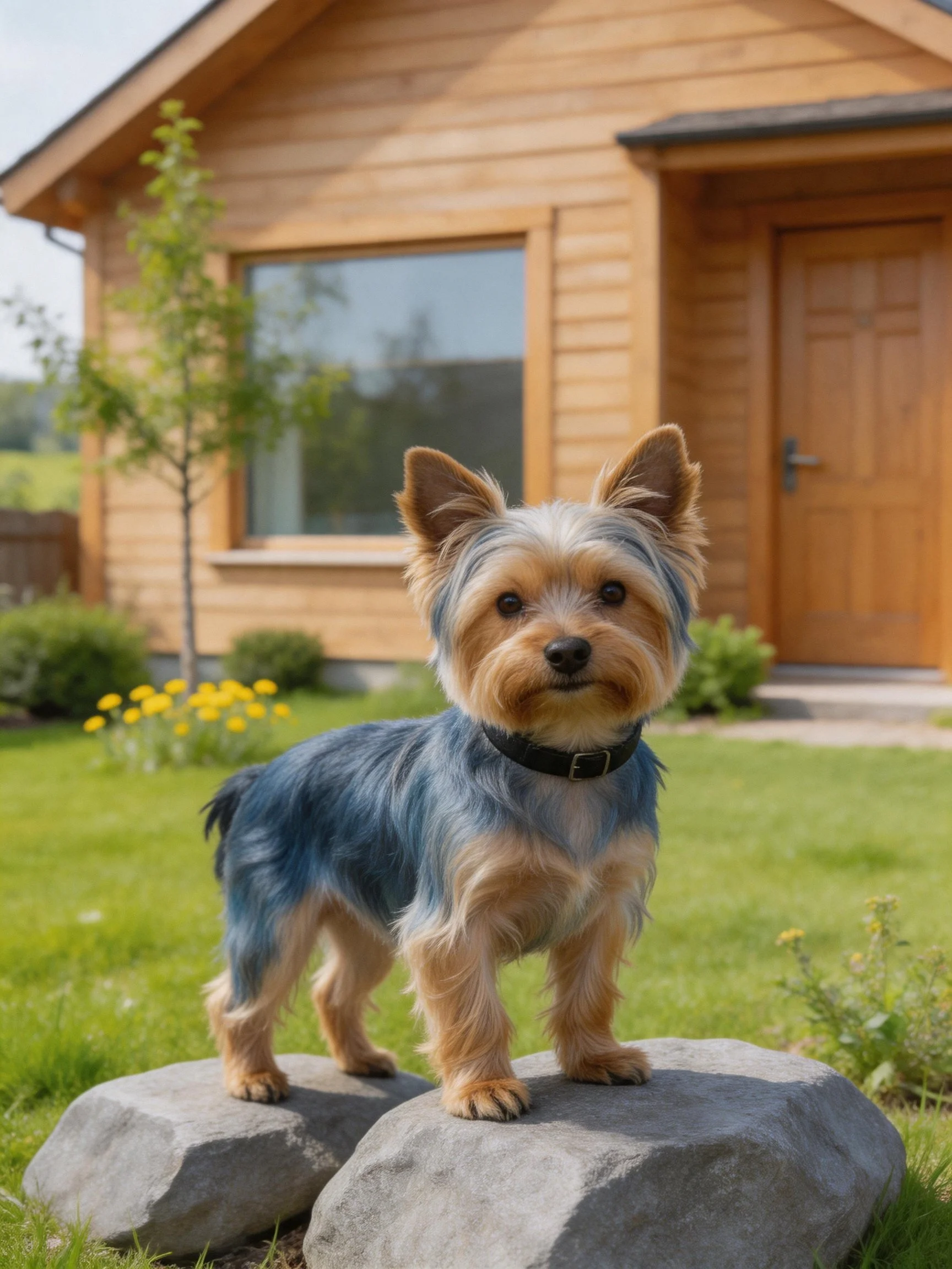 A small dog stands on rocks outside a wooden house.