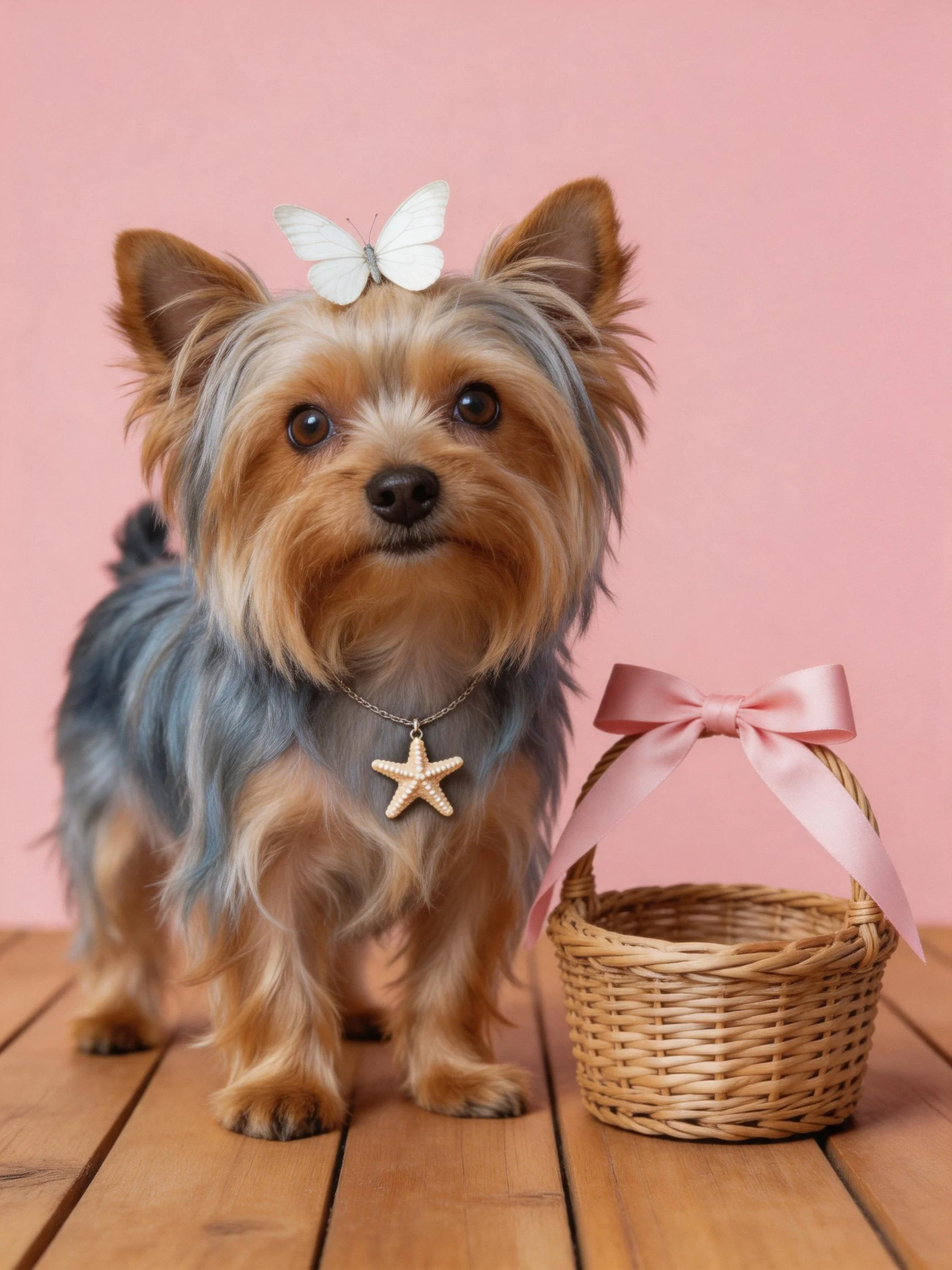 A small dog stands beside a pink-bowed wicker basket with a white butterfly on its head.