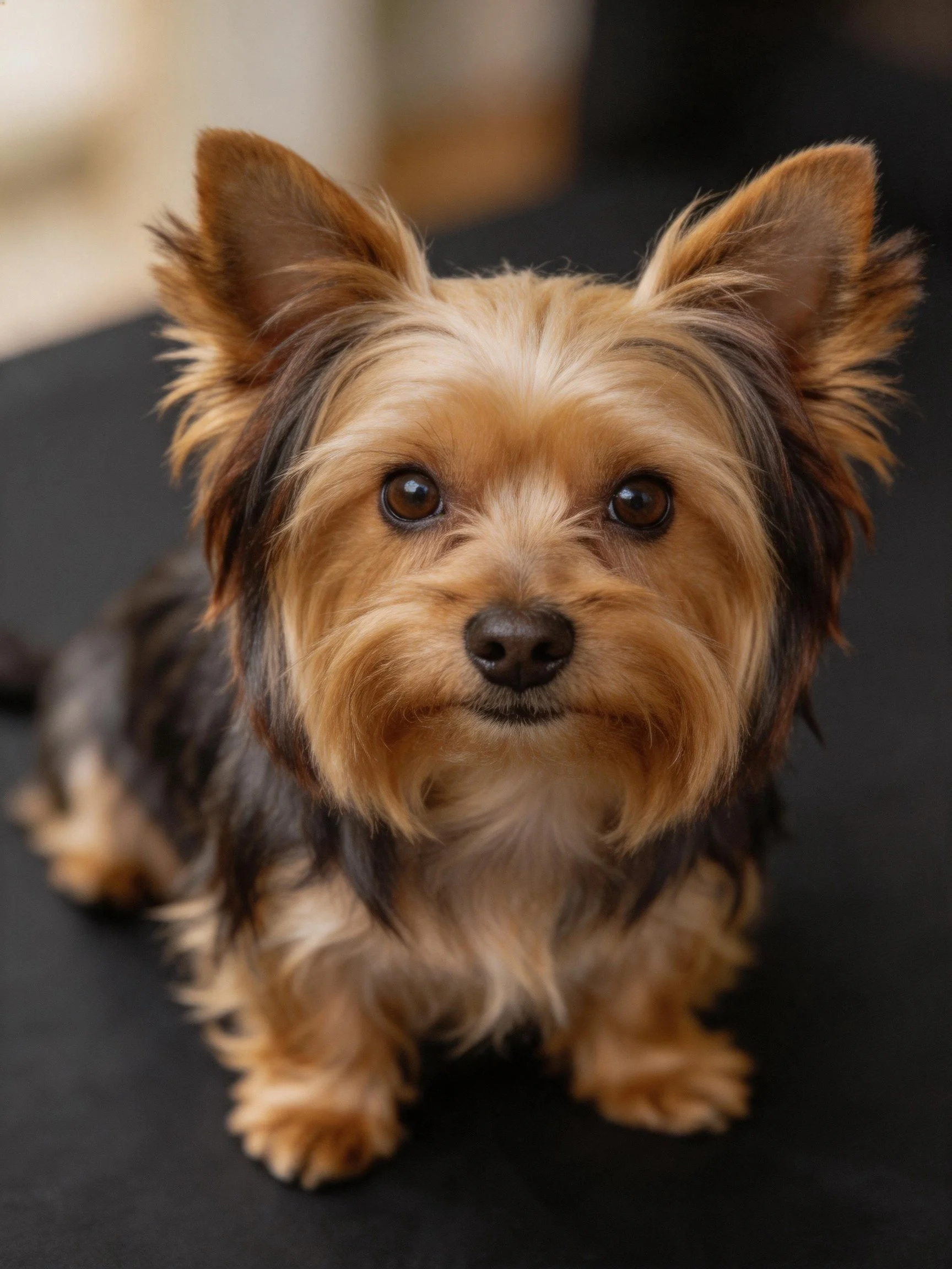 A small dog with brown and black fur sits on a dark surface.