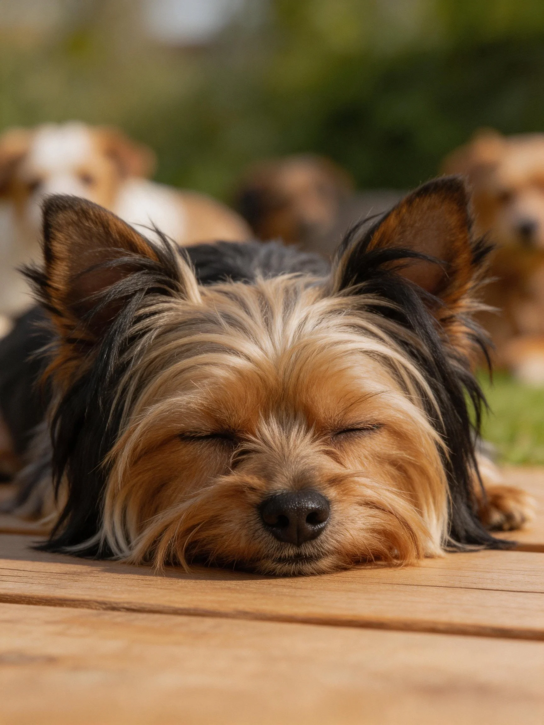 A small dog sleeps on wood with blurred dogs in the background.