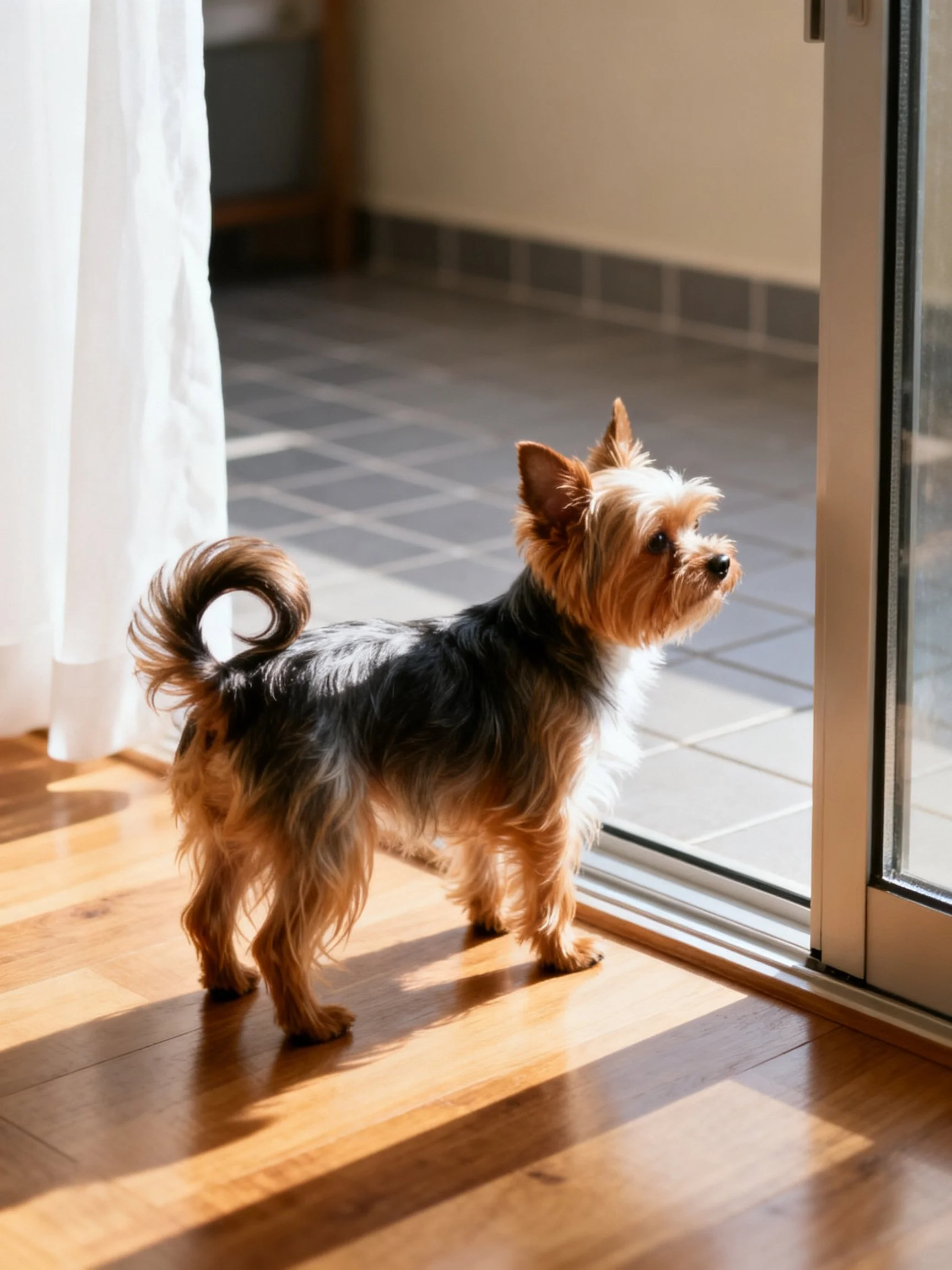 A small dog stands near a sunlit sliding door, lit by natural sunlight