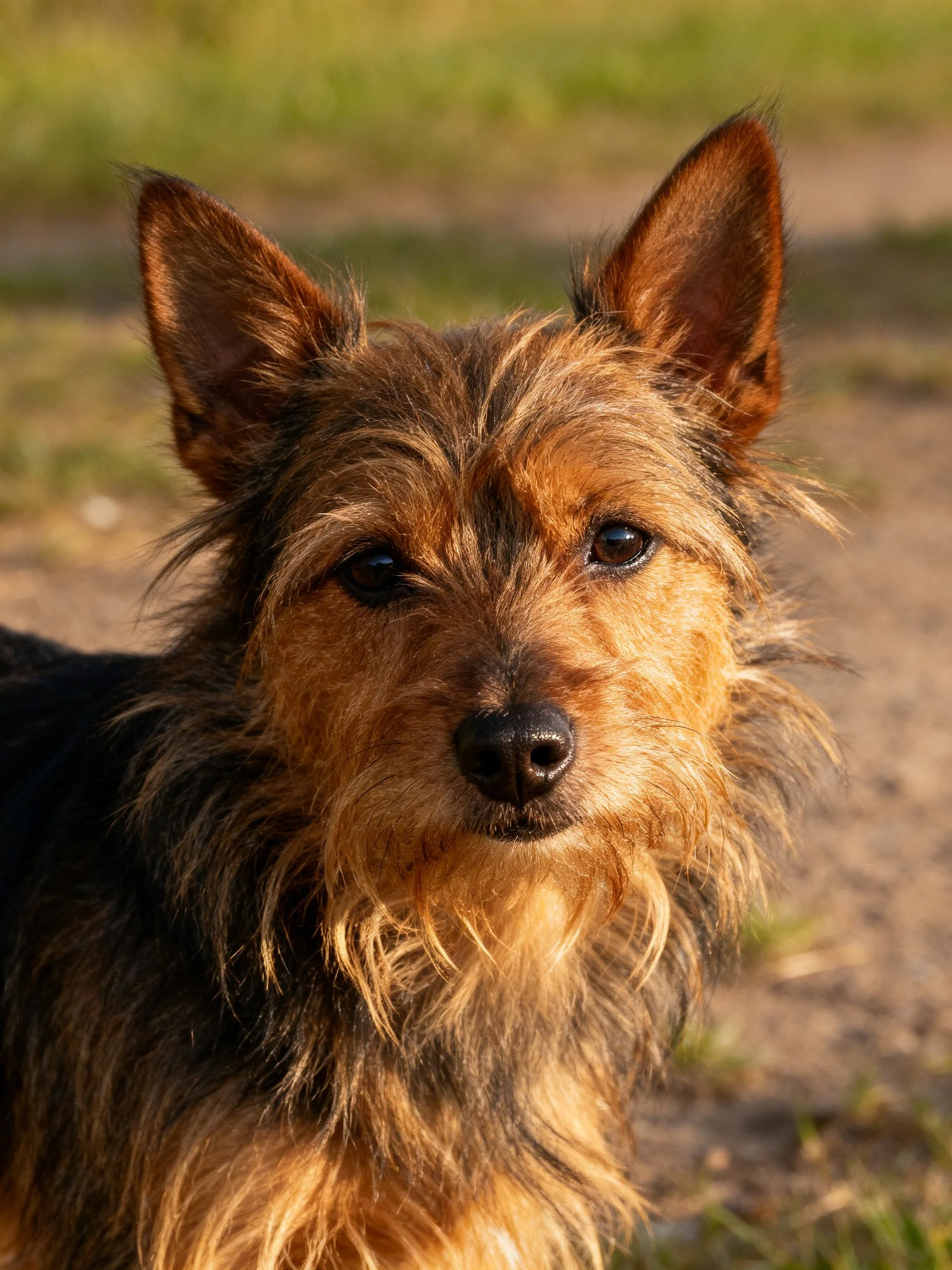A small dog with brown and black fur looks directly at the camera.