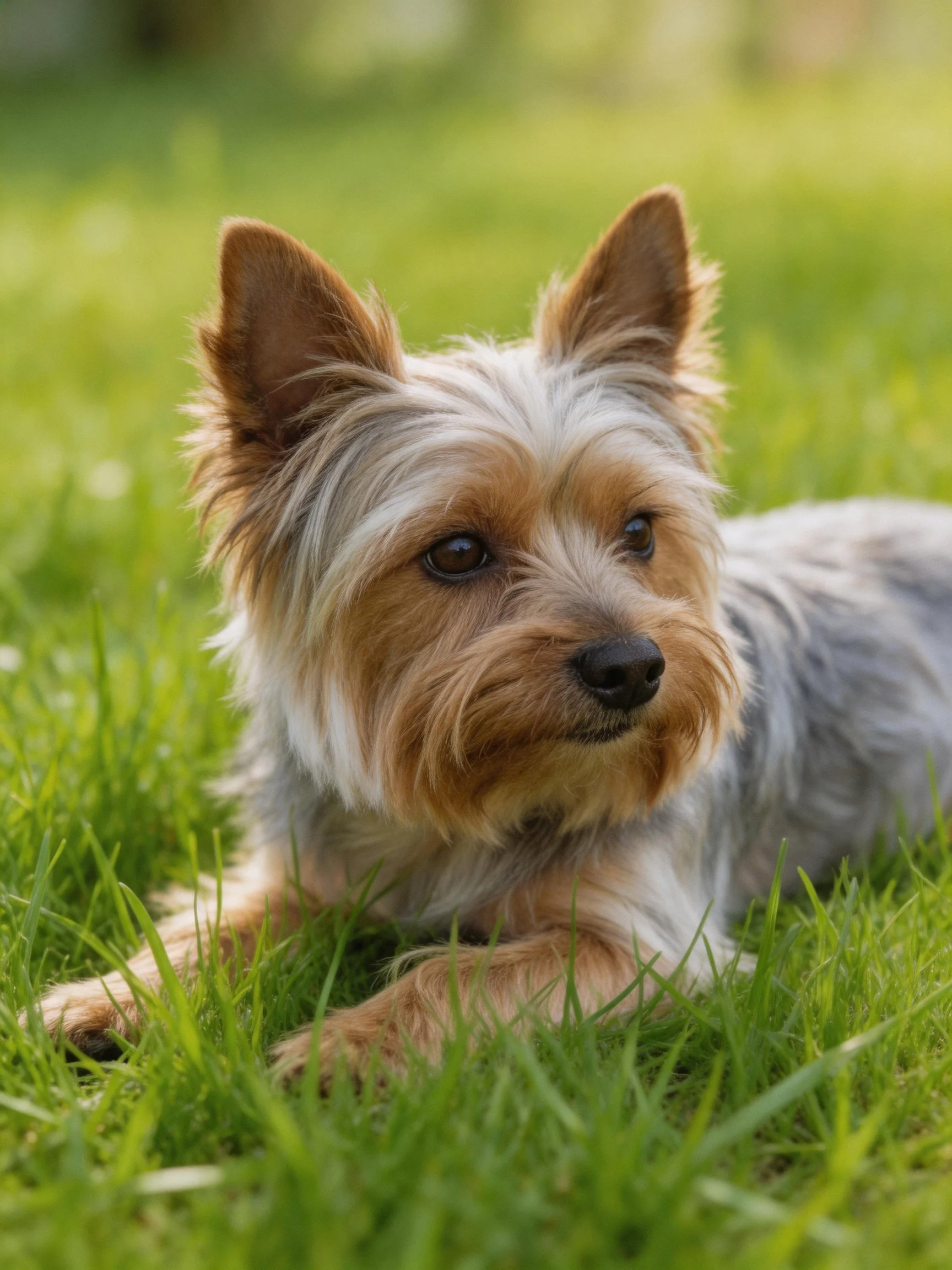 A small dog with brown and gray fur relaxes on green grass.